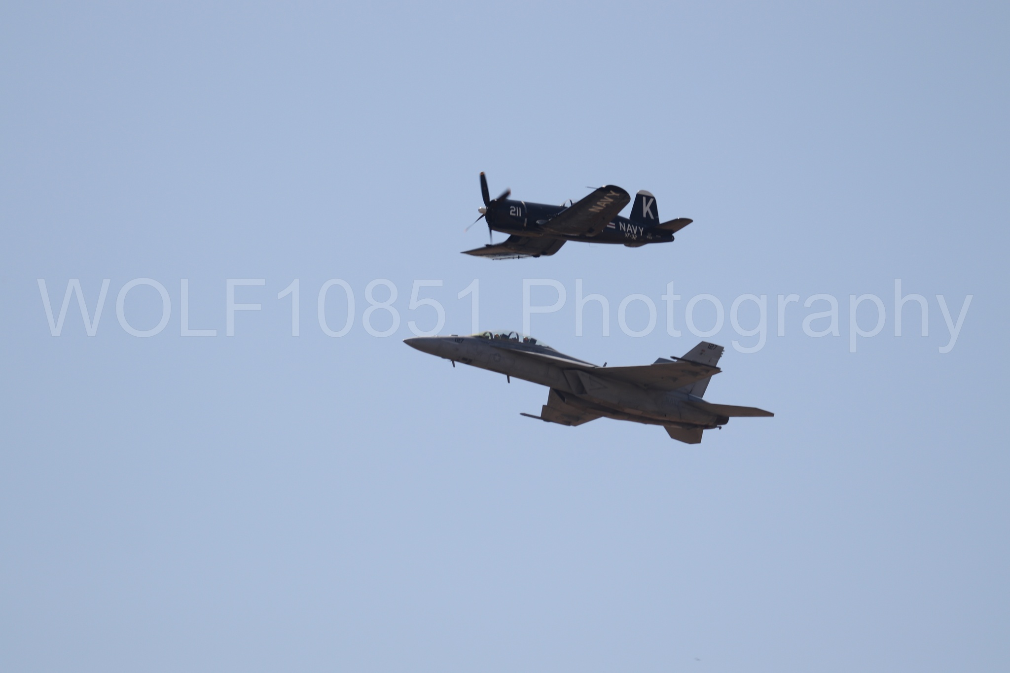 Aviation photography by WOLF10851 featuring FA-18 Super Hornet, Beale Air and Space Expo 2025, Heritage Flight, Vaught F-4U Corsair.
