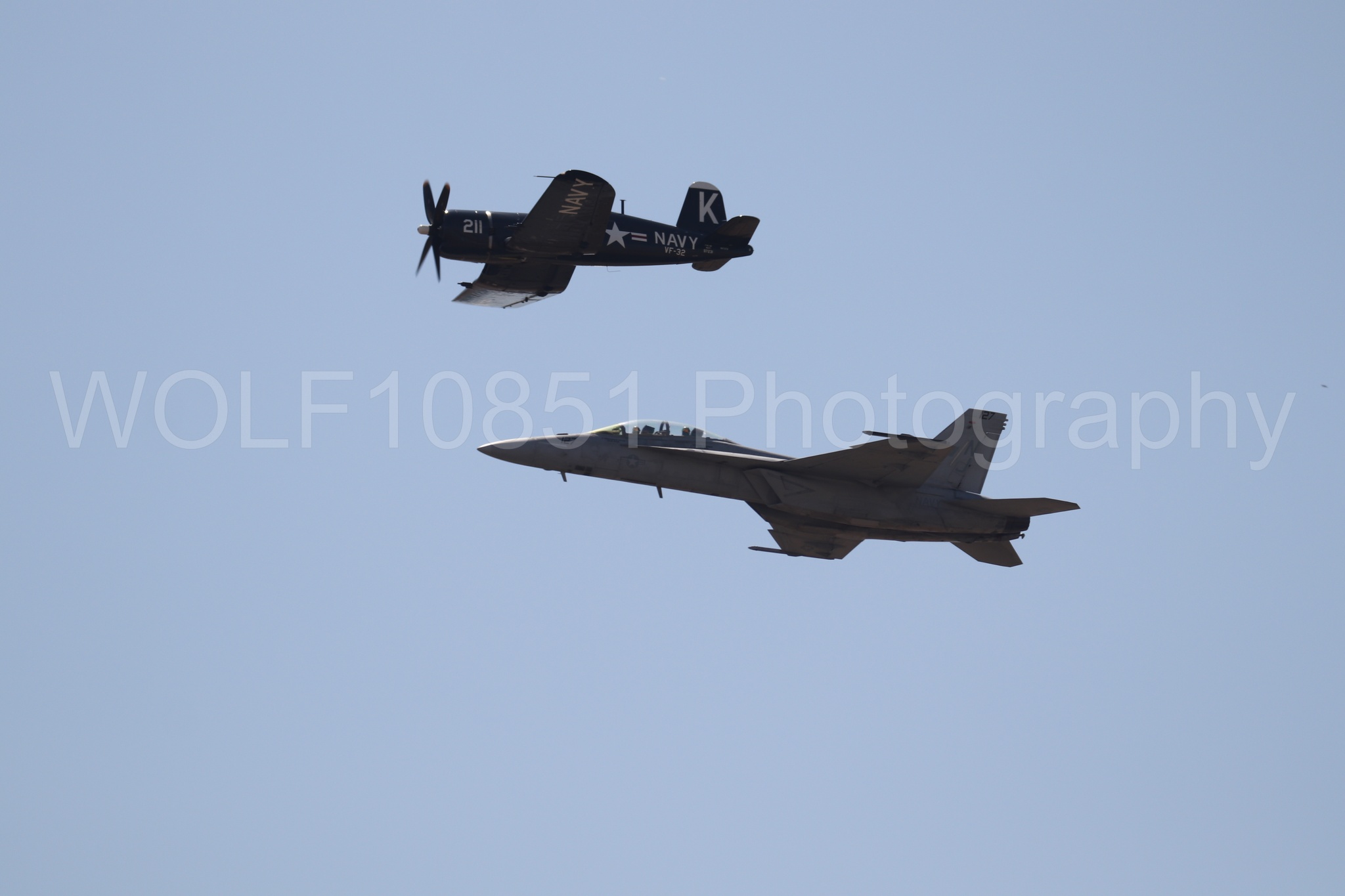 Aviation photography by WOLF10851 featuring FA-18 Super Hornet, Beale Air and Space Expo 2025, Heritage Flight, Vaught F-4U Corsair.