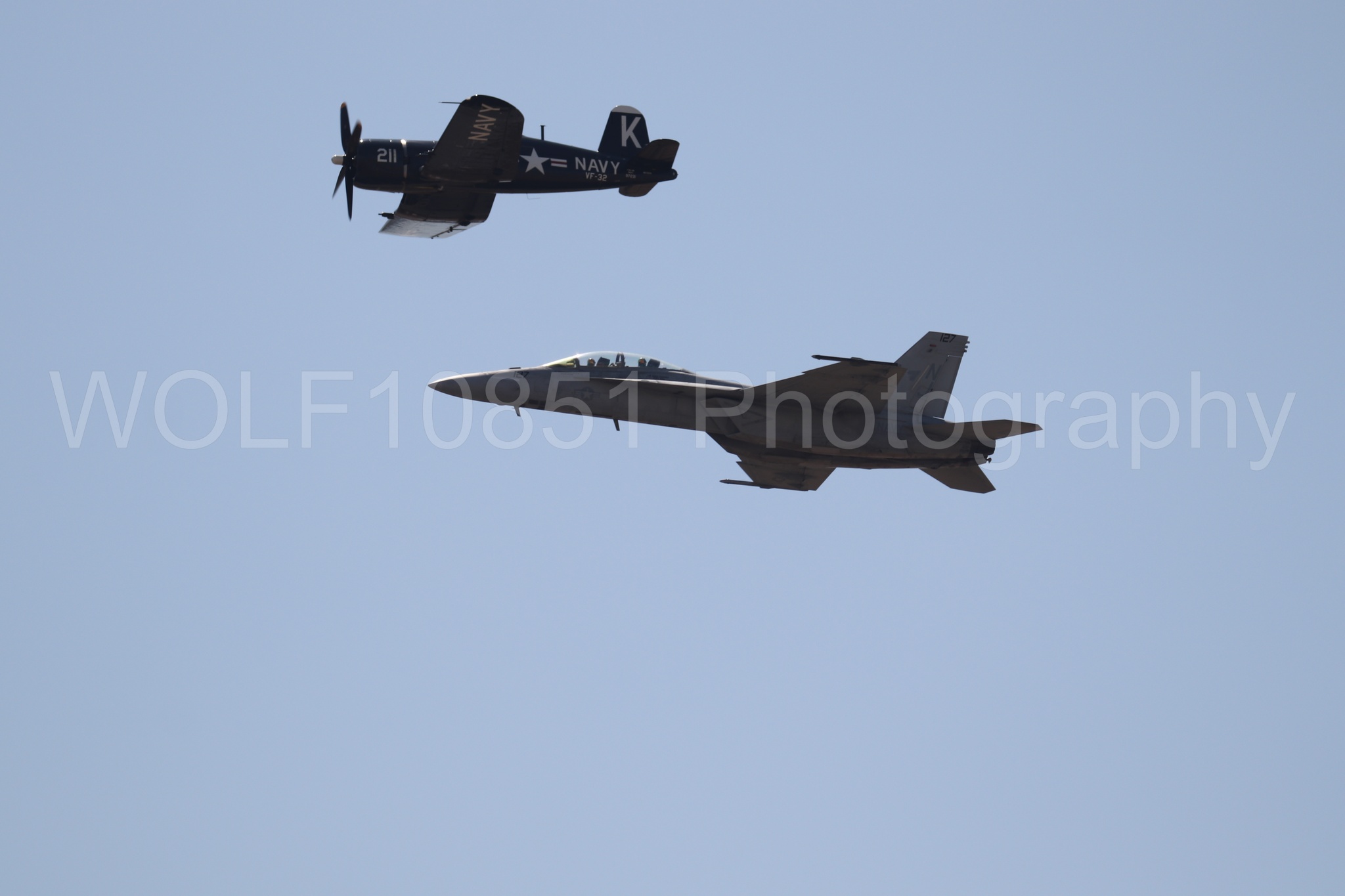 Aviation photography by WOLF10851 featuring FA-18 Super Hornet, Beale Air and Space Expo 2025, Heritage Flight, Vaught F-4U Corsair.