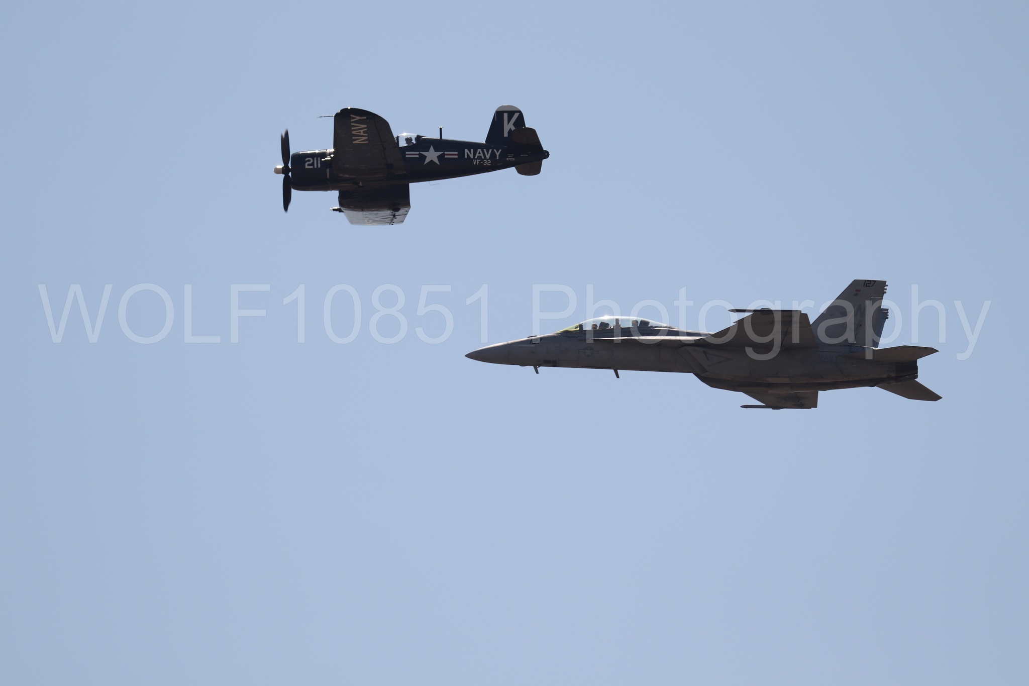 Aviation photography by WOLF10851 featuring FA-18 Super Hornet, Beale Air and Space Expo 2025, Heritage Flight, Vaught F-4U Corsair.