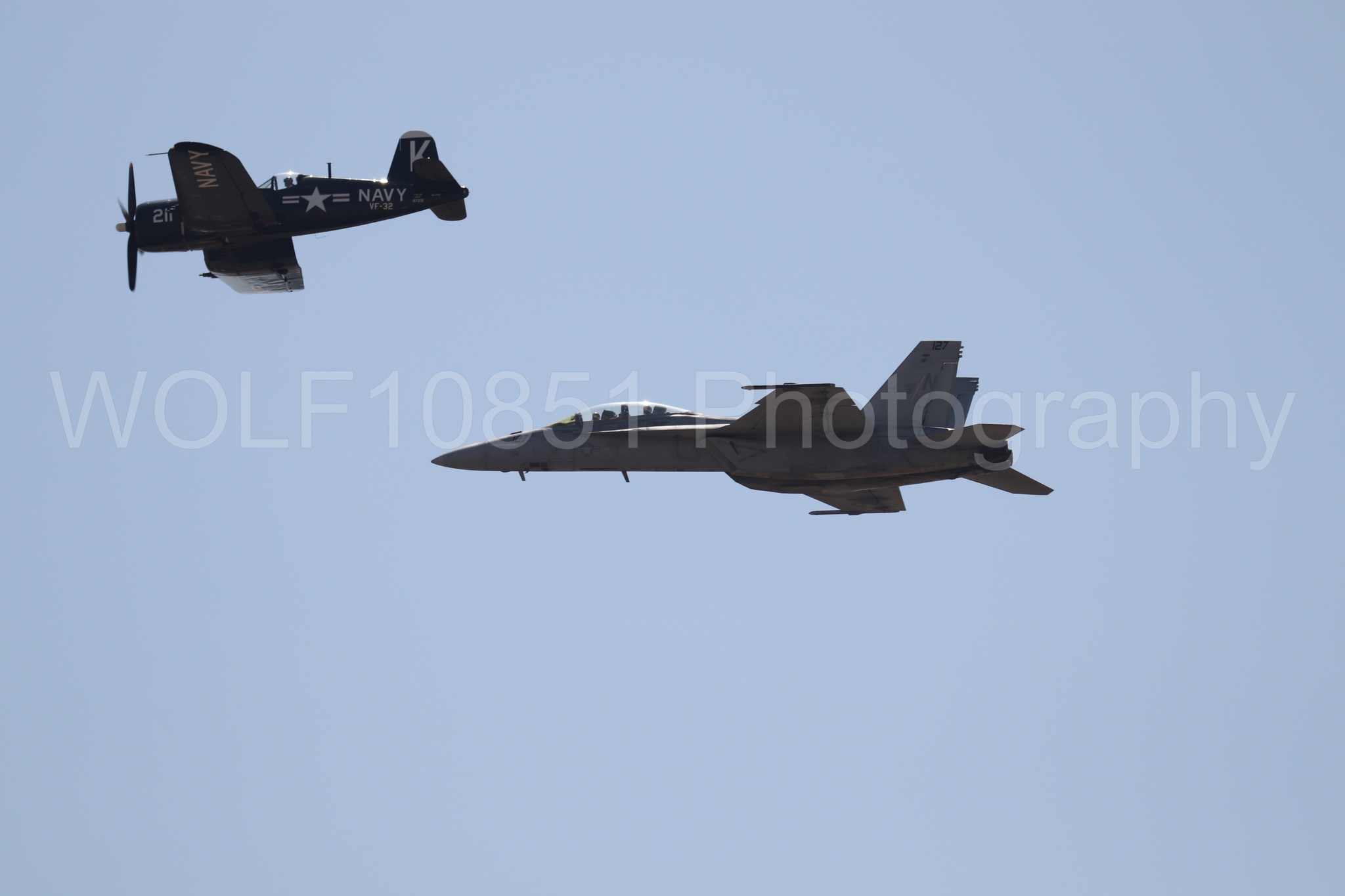 Aviation photography by WOLF10851 featuring FA-18 Super Hornet, Beale Air and Space Expo 2025, Heritage Flight, Vaught F-4U Corsair.