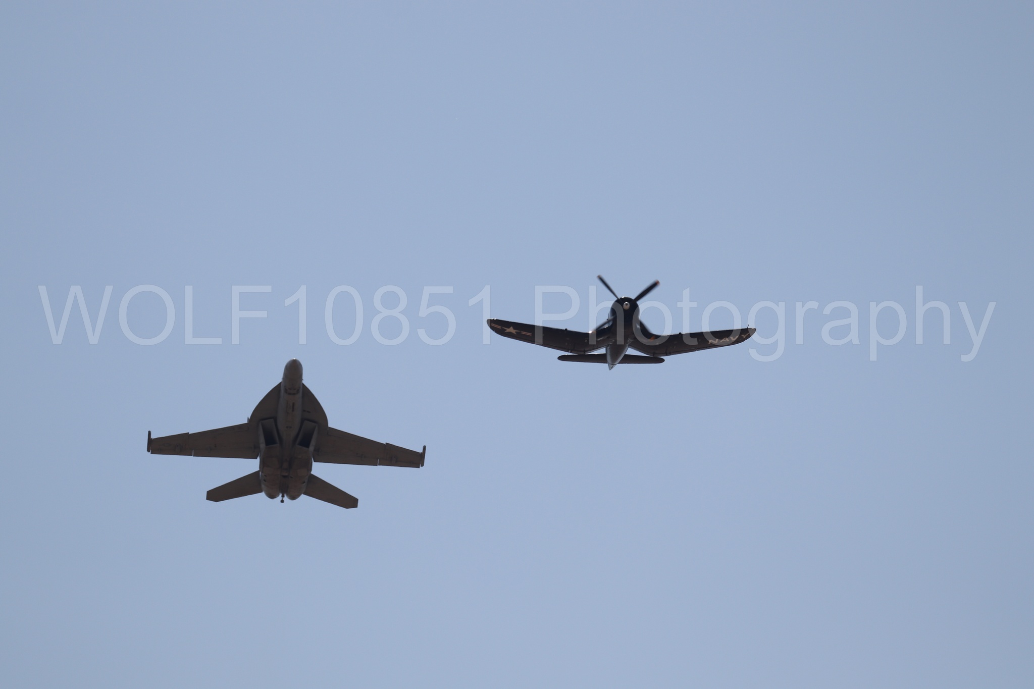 Aviation photography by WOLF10851 featuring FA-18 Super Hornet, Beale Air and Space Expo 2025, Heritage Flight, Vaught F-4U Corsair.