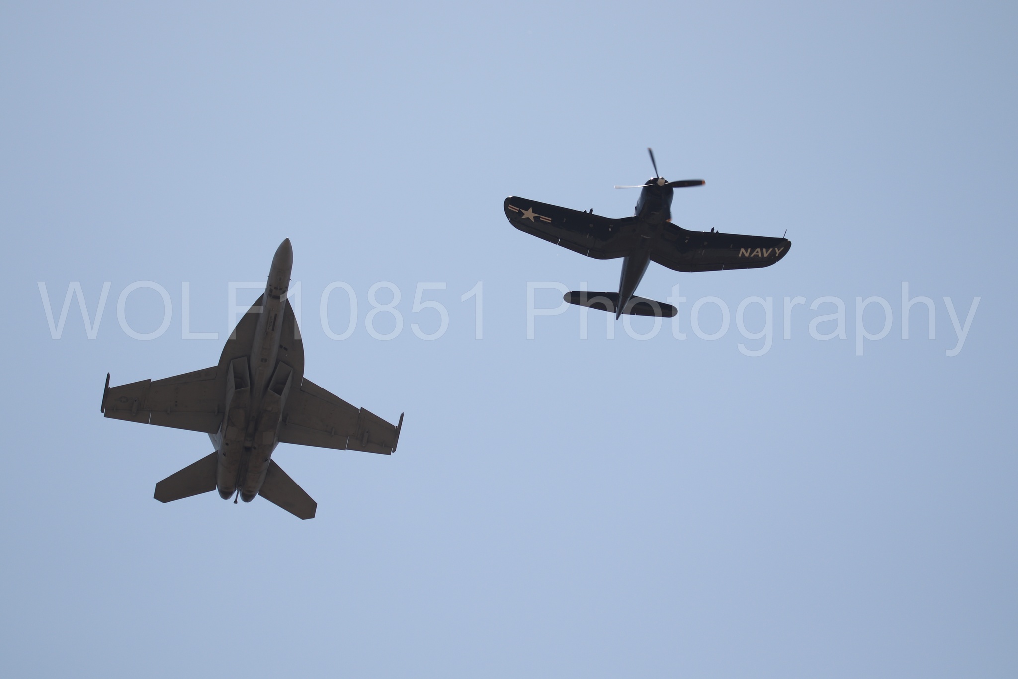 Aviation photography by WOLF10851 featuring FA-18 Super Hornet, Beale Air and Space Expo 2025, Heritage Flight, Vaught F-4U Corsair.