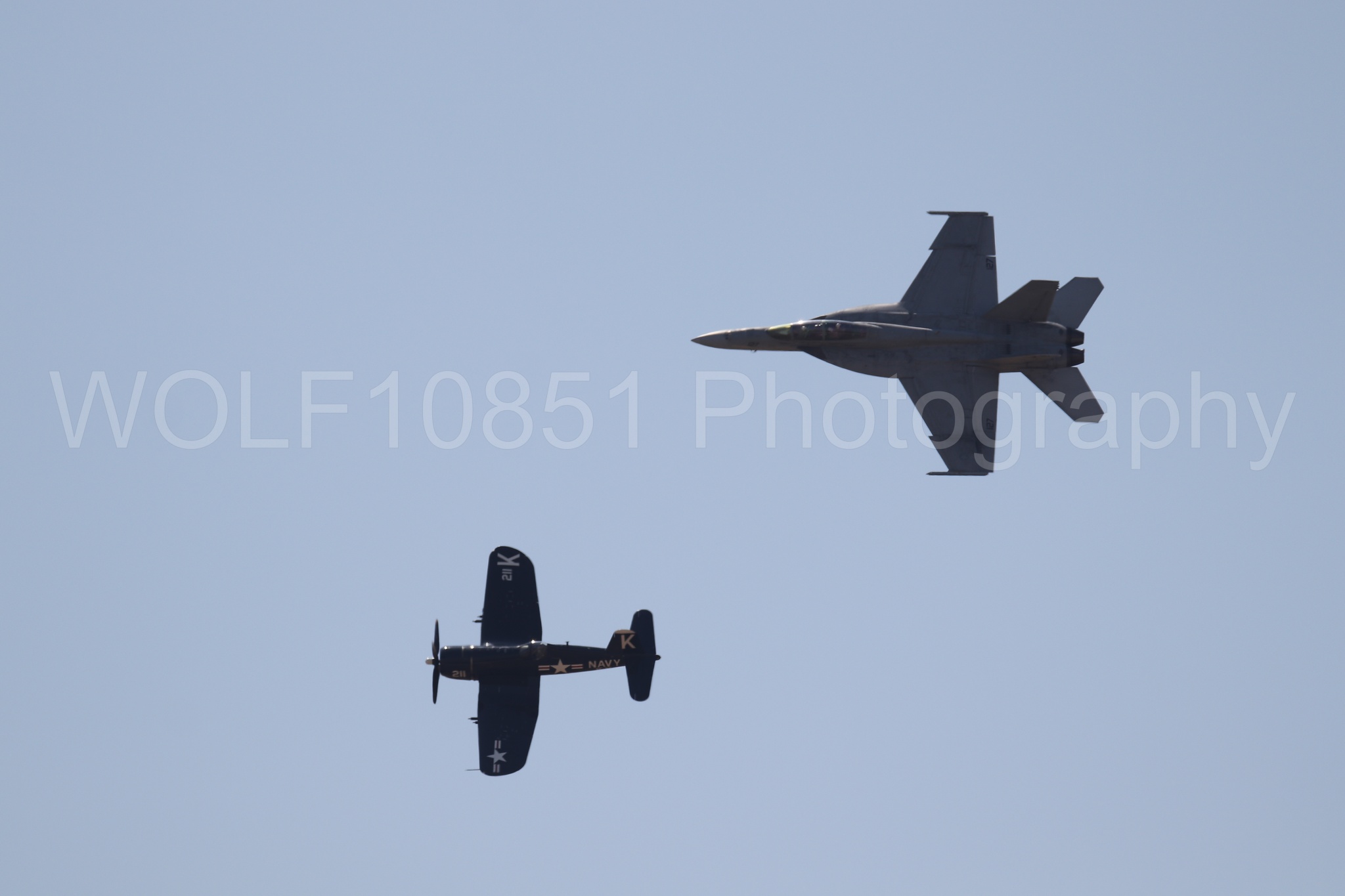 Aviation photography by WOLF10851 featuring FA-18 Super Hornet, Beale Air and Space Expo 2025, Heritage Flight, Vaught F-4U Corsair.
