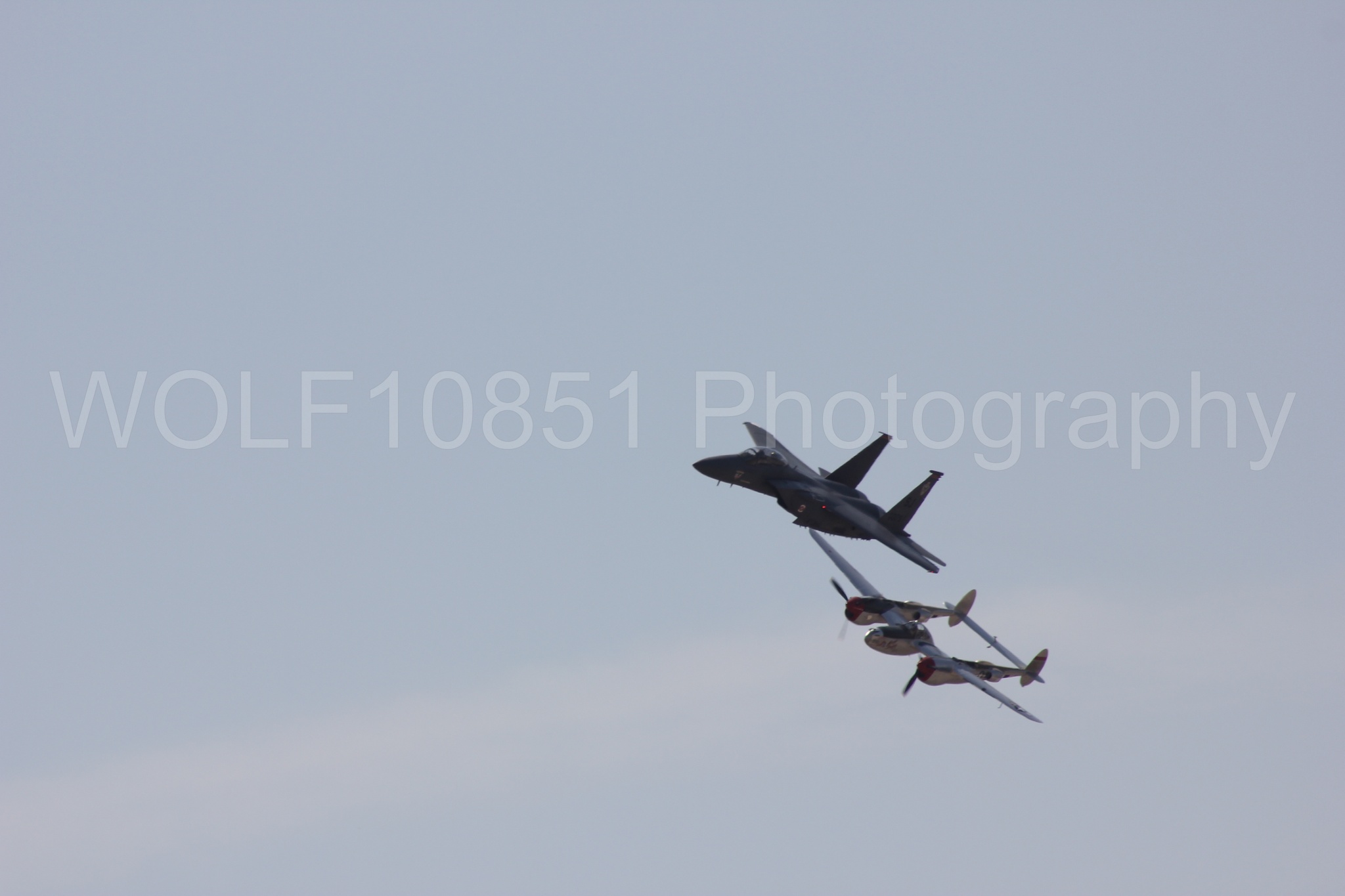 Aviation photography by WOLF10851 featuring Heritage Flight, F-15 Eagle, P-38 Lightning, Honey Bunny, California Capital Airshow 2011.
