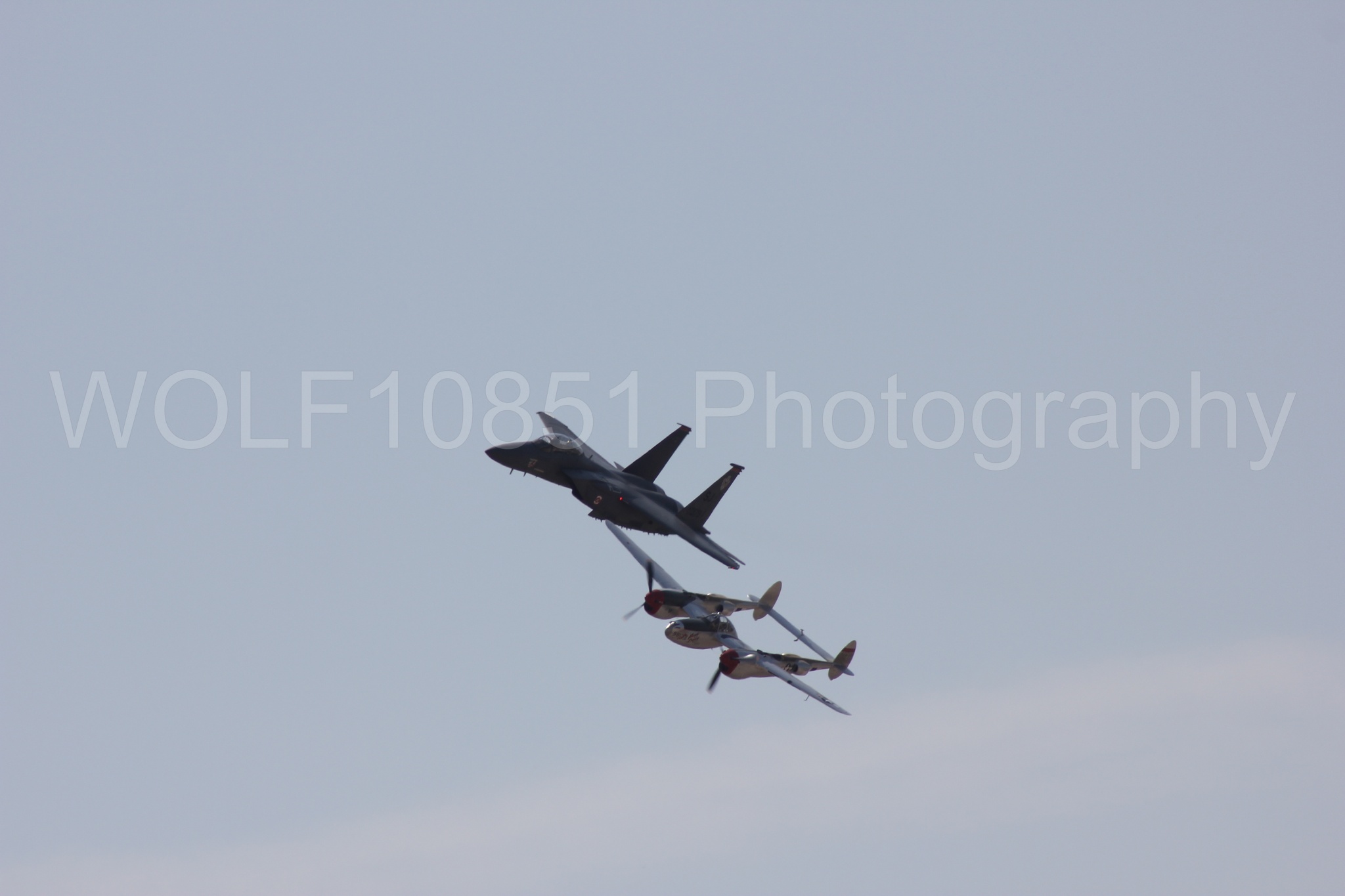 Aviation photography by WOLF10851 featuring Heritage Flight, F-15 Eagle, P-38 Lightning, Honey Bunny, California Capital Airshow 2011.