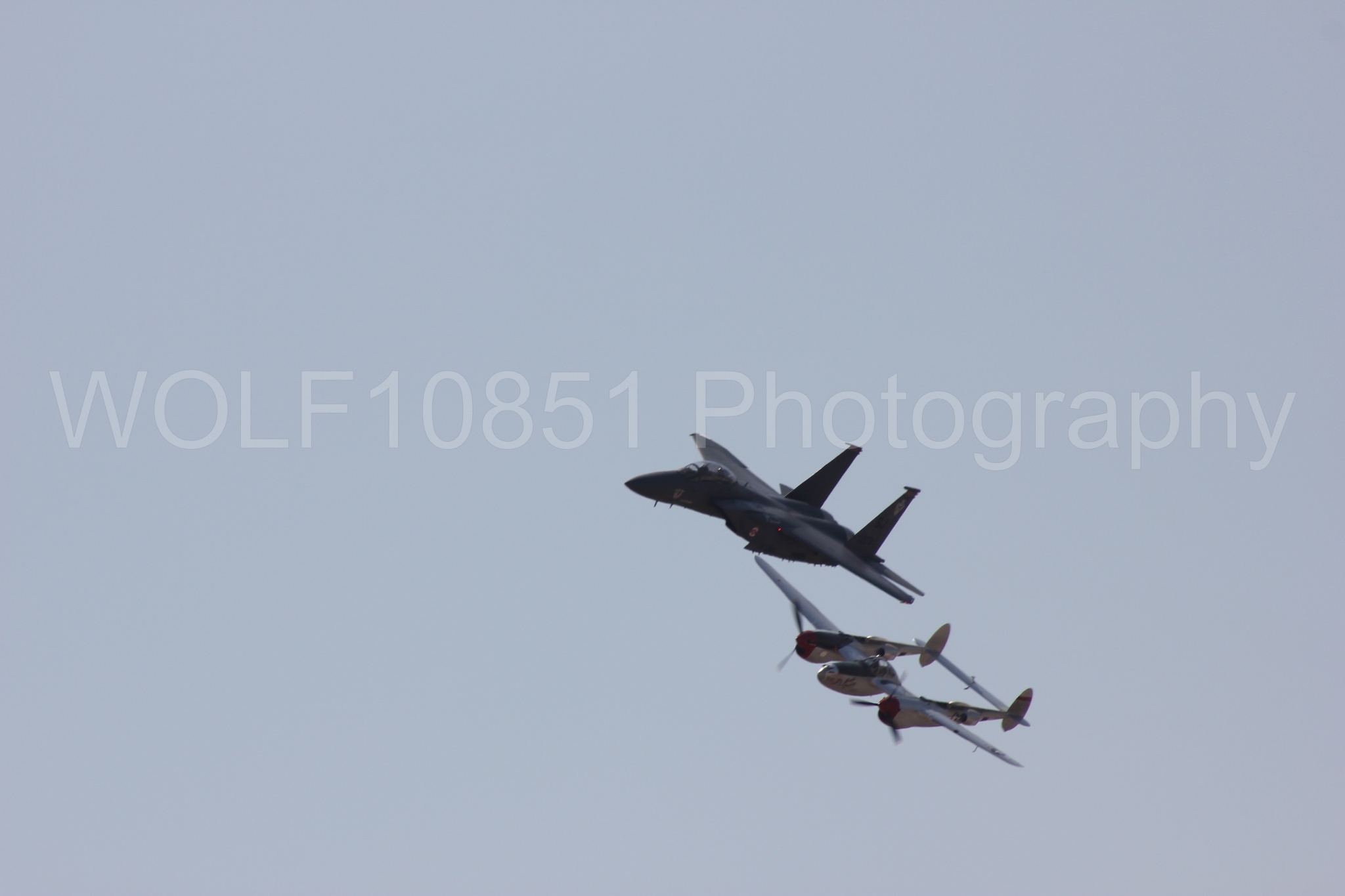 Aviation photography by WOLF10851 featuring Heritage Flight, F-15 Eagle, P-38 Lightning, Honey Bunny, California Capital Airshow 2011.