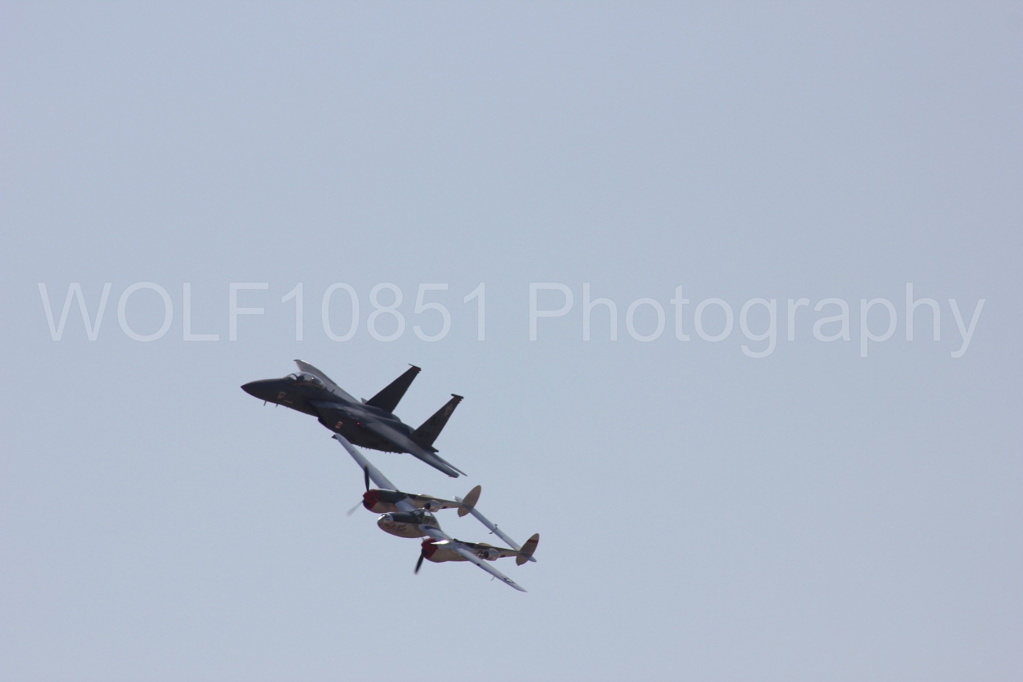 Aviation photography by WOLF10851 featuring Heritage Flight, F-15 Eagle, P-38 Lightning, Honey Bunny, California Capital Airshow 2011.