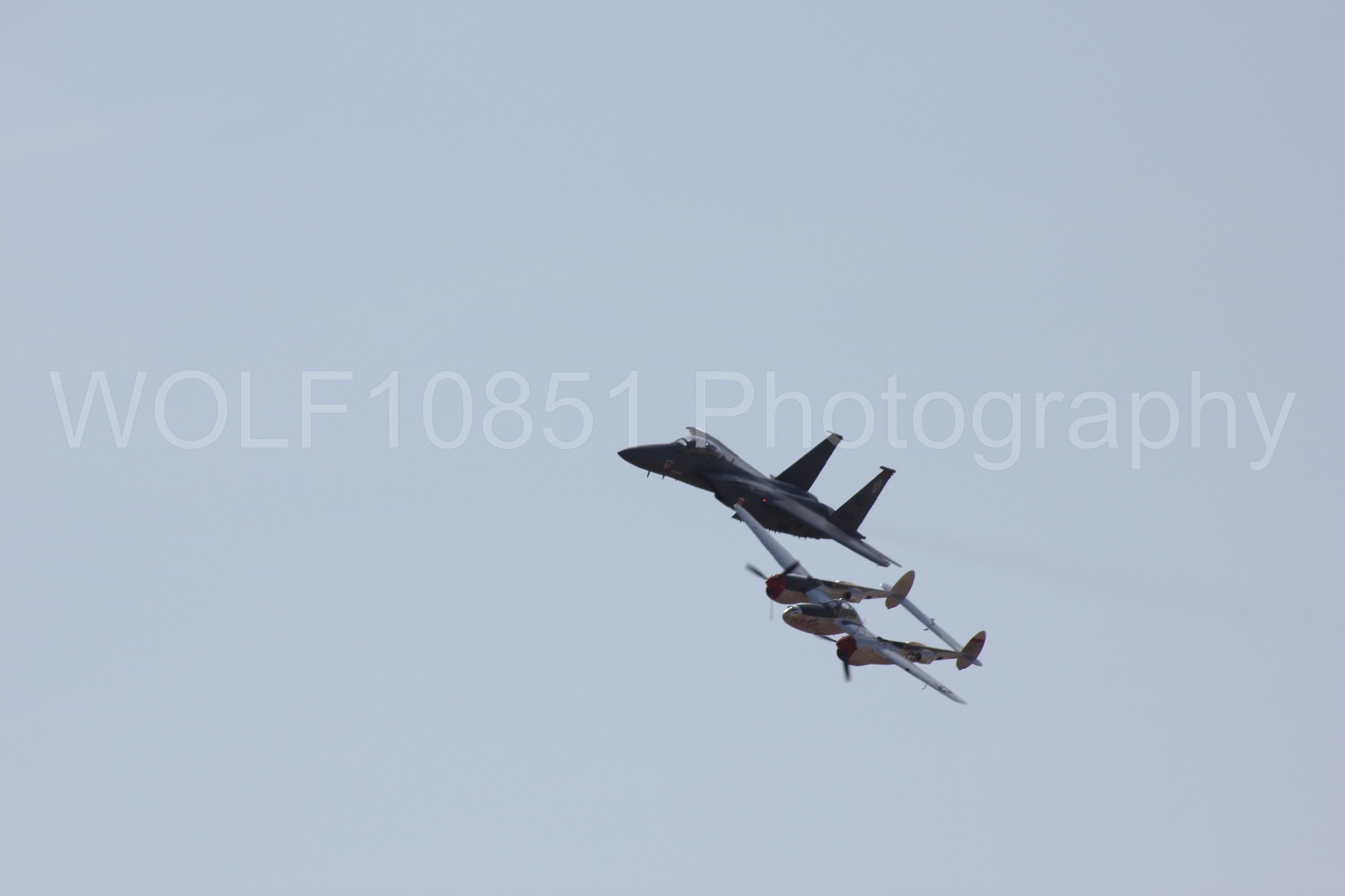 Aviation photography by WOLF10851 featuring Heritage Flight, F-15 Eagle, P-38 Lightning, Honey Bunny, California Capital Airshow 2011.