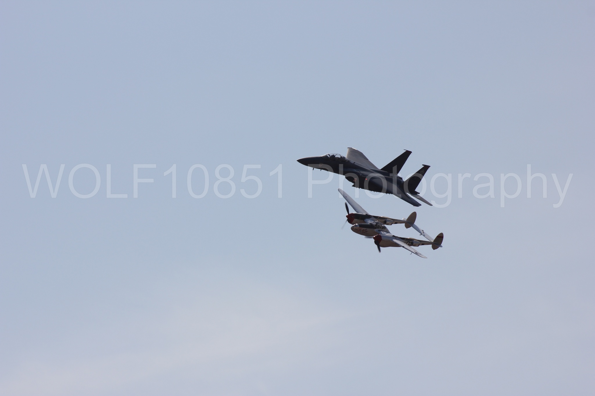 Aviation photography by WOLF10851 featuring Heritage Flight, F-15 Eagle, P-38 Lightning, Honey Bunny, California Capital Airshow 2011.