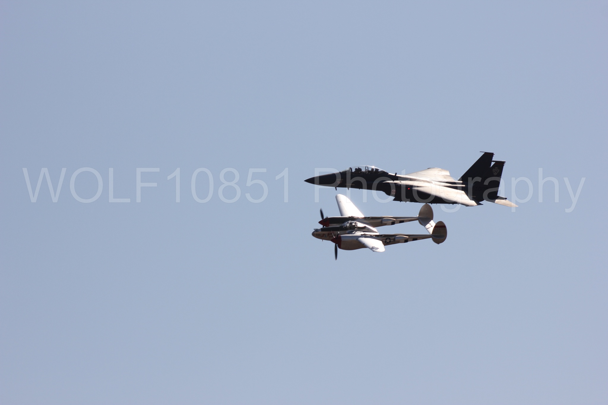 Aviation photography by WOLF10851 featuring Heritage Flight, F-15 Eagle, P-38 Lightning, Honey Bunny, California Capital Airshow 2011.
