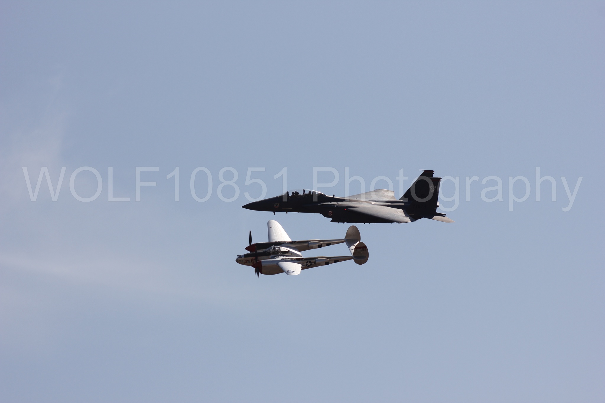 Aviation photography by WOLF10851 featuring Heritage Flight, F-15 Eagle, P-38 Lightning, Honey Bunny, California Capital Airshow 2011.