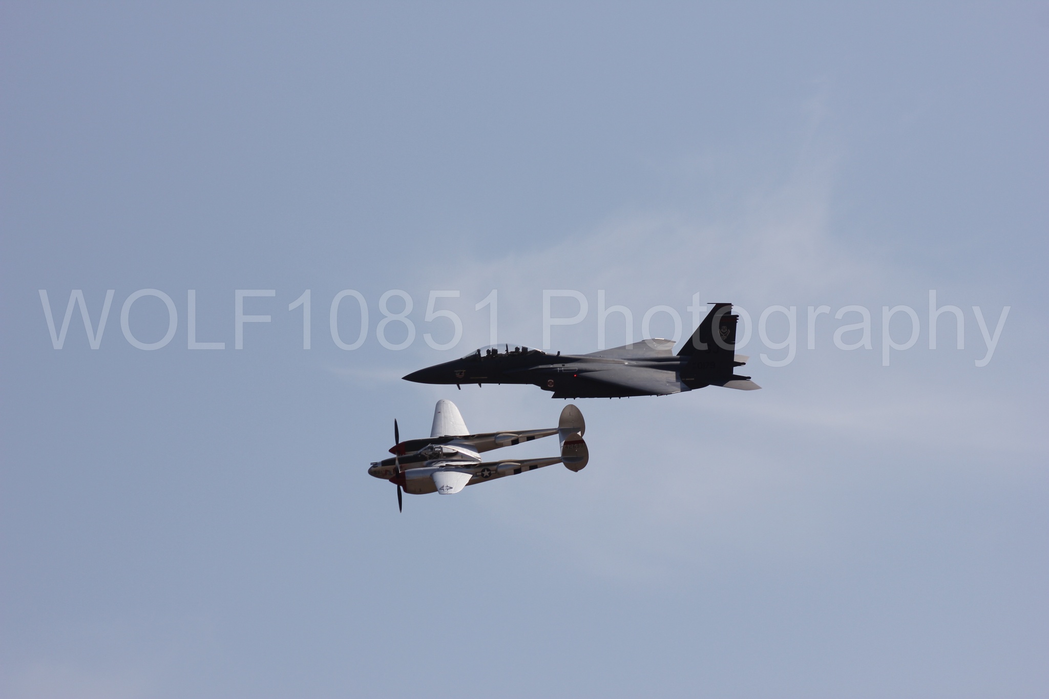 Aviation photography by WOLF10851 featuring Heritage Flight, F-15 Eagle, P-38 Lightning, Honey Bunny, California Capital Airshow 2011.