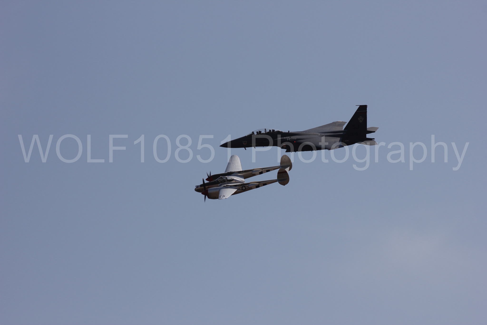 Aviation photography by WOLF10851 featuring Heritage Flight, F-15 Eagle, P-38 Lightning, Honey Bunny, California Capital Airshow 2011.
