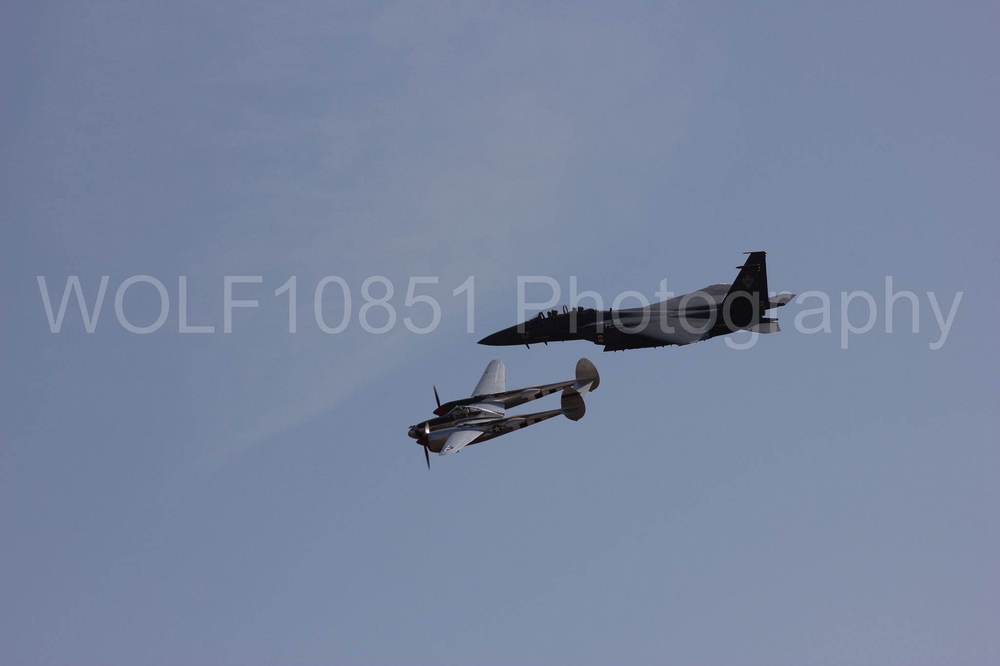 Aviation photography by WOLF10851 featuring Heritage Flight, F-15 Eagle, P-38 Lightning, Honey Bunny, California Capital Airshow 2011.