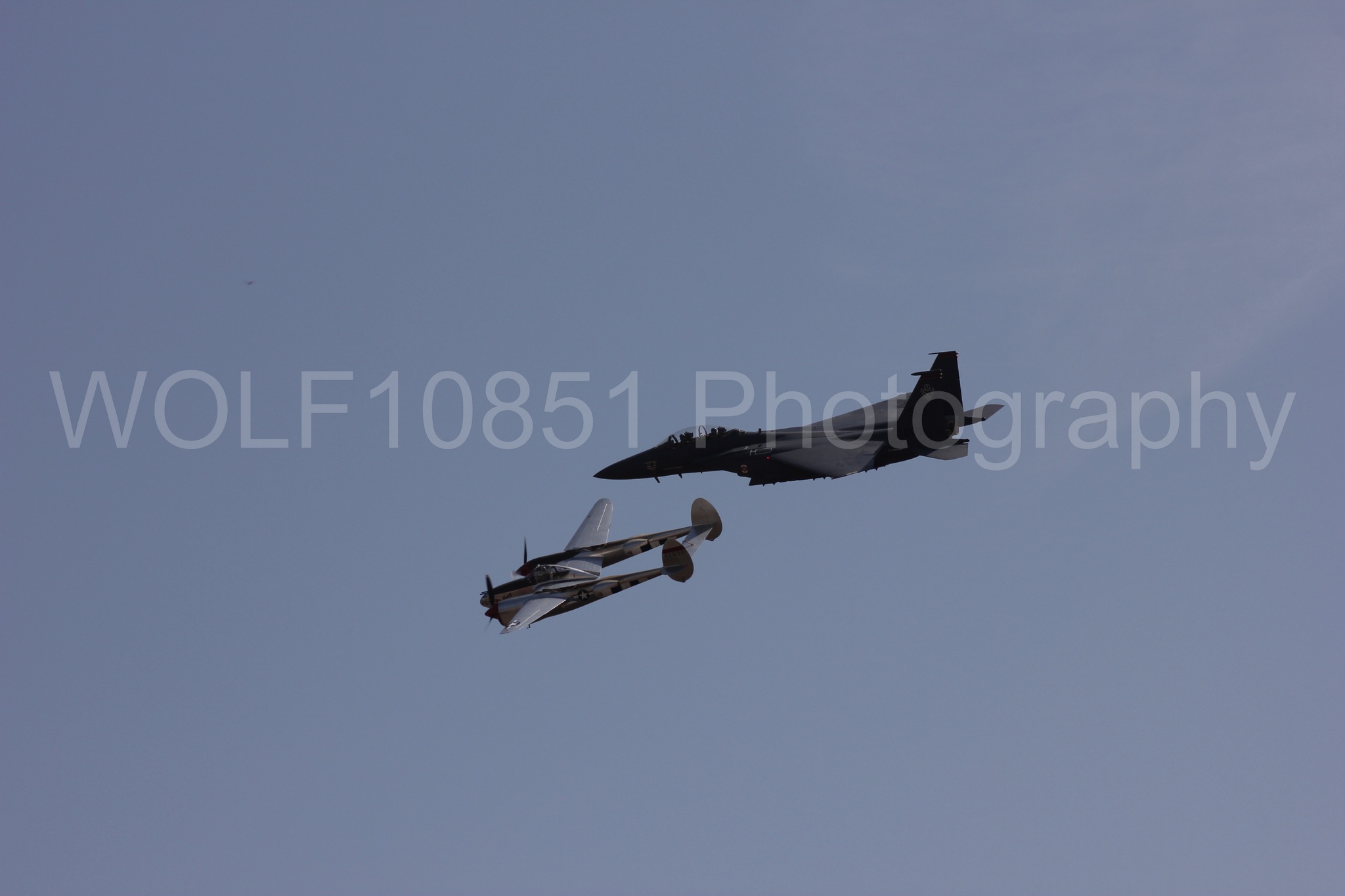 Aviation photography by WOLF10851 featuring Heritage Flight, F-15 Eagle, P-38 Lightning, Honey Bunny, California Capital Airshow 2011.