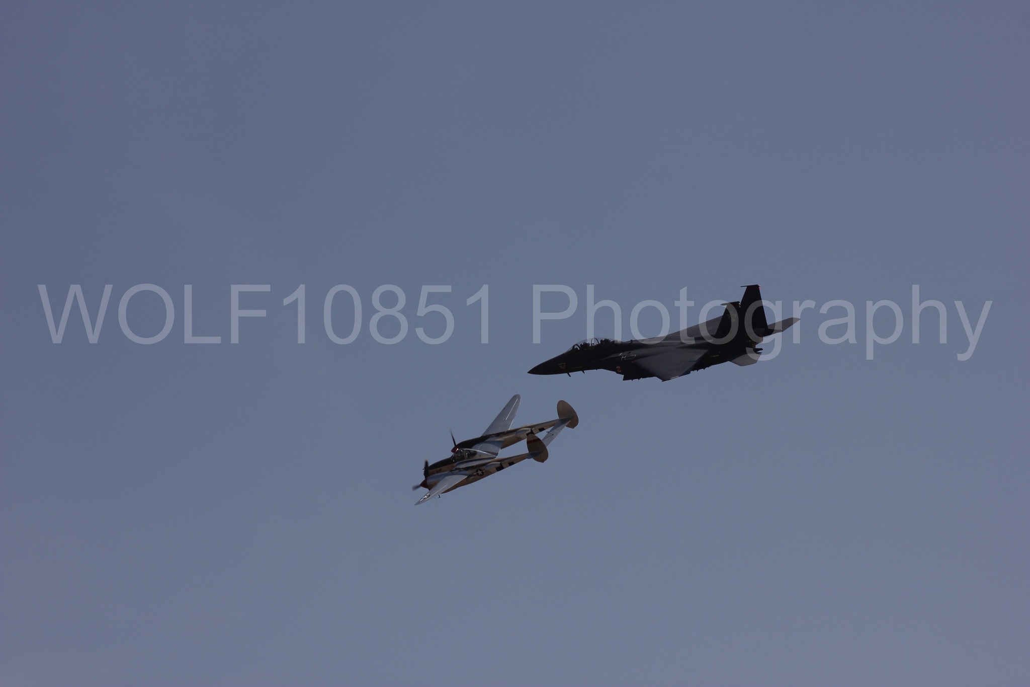 Aviation photography by WOLF10851 featuring Heritage Flight, F-15 Eagle, P-38 Lightning, Honey Bunny, California Capital Airshow 2011.