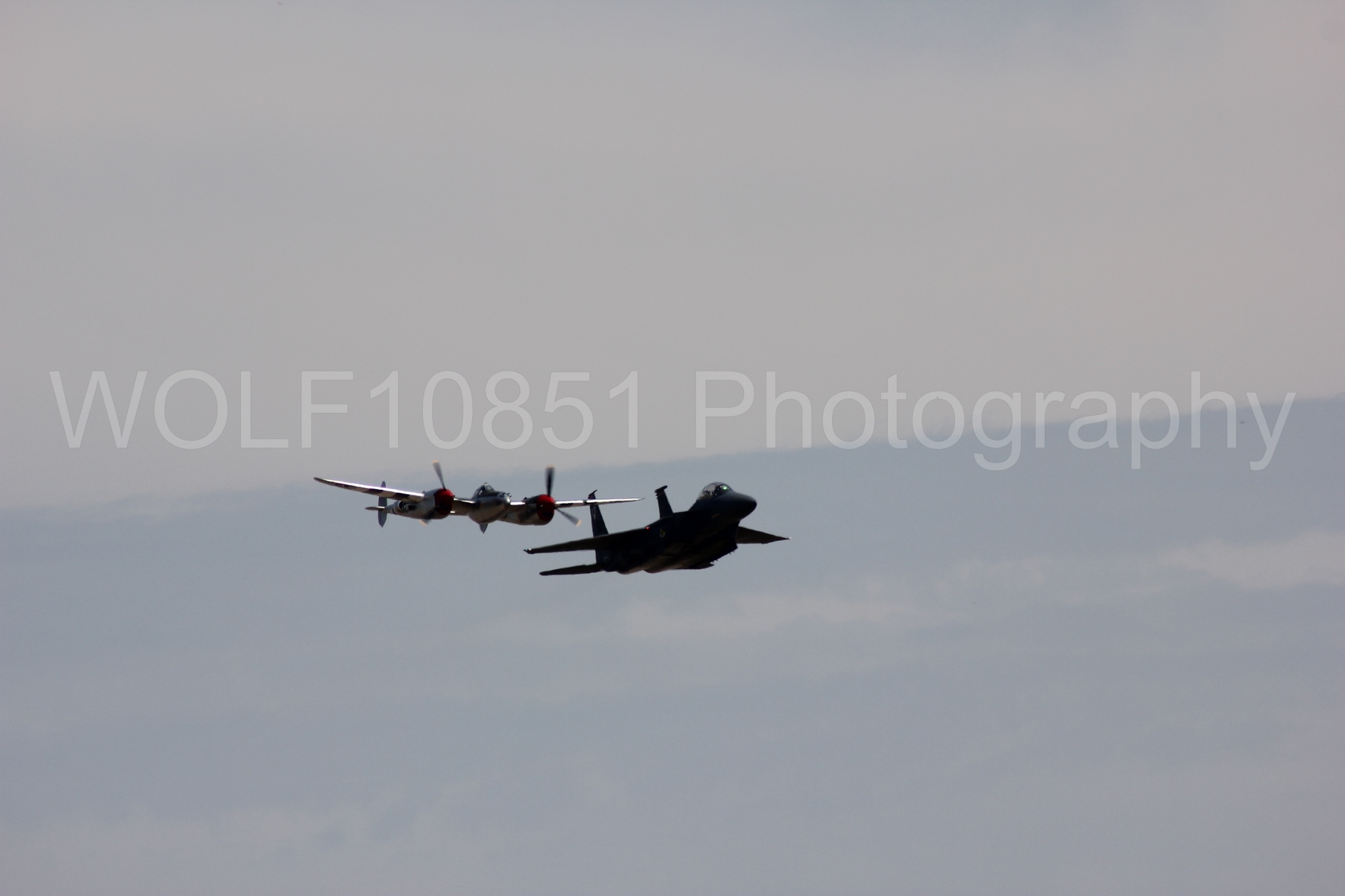Aviation photography by WOLF10851 featuring Heritage Flight, F-15 Eagle, P-38 Lightning, Honey Bunny, California Capital Airshow 2011.