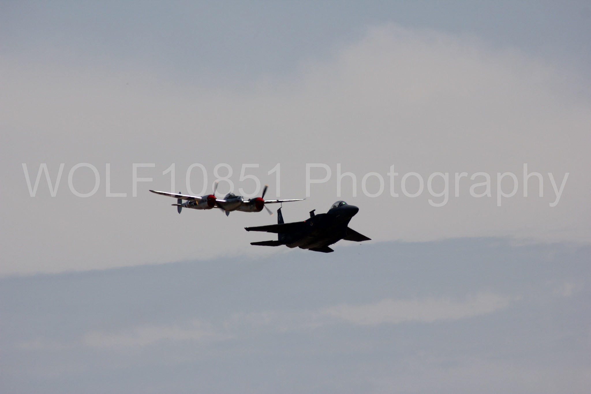 Aviation photography by WOLF10851 featuring Heritage Flight, F-15 Eagle, P-38 Lightning, Honey Bunny, California Capital Airshow 2011.