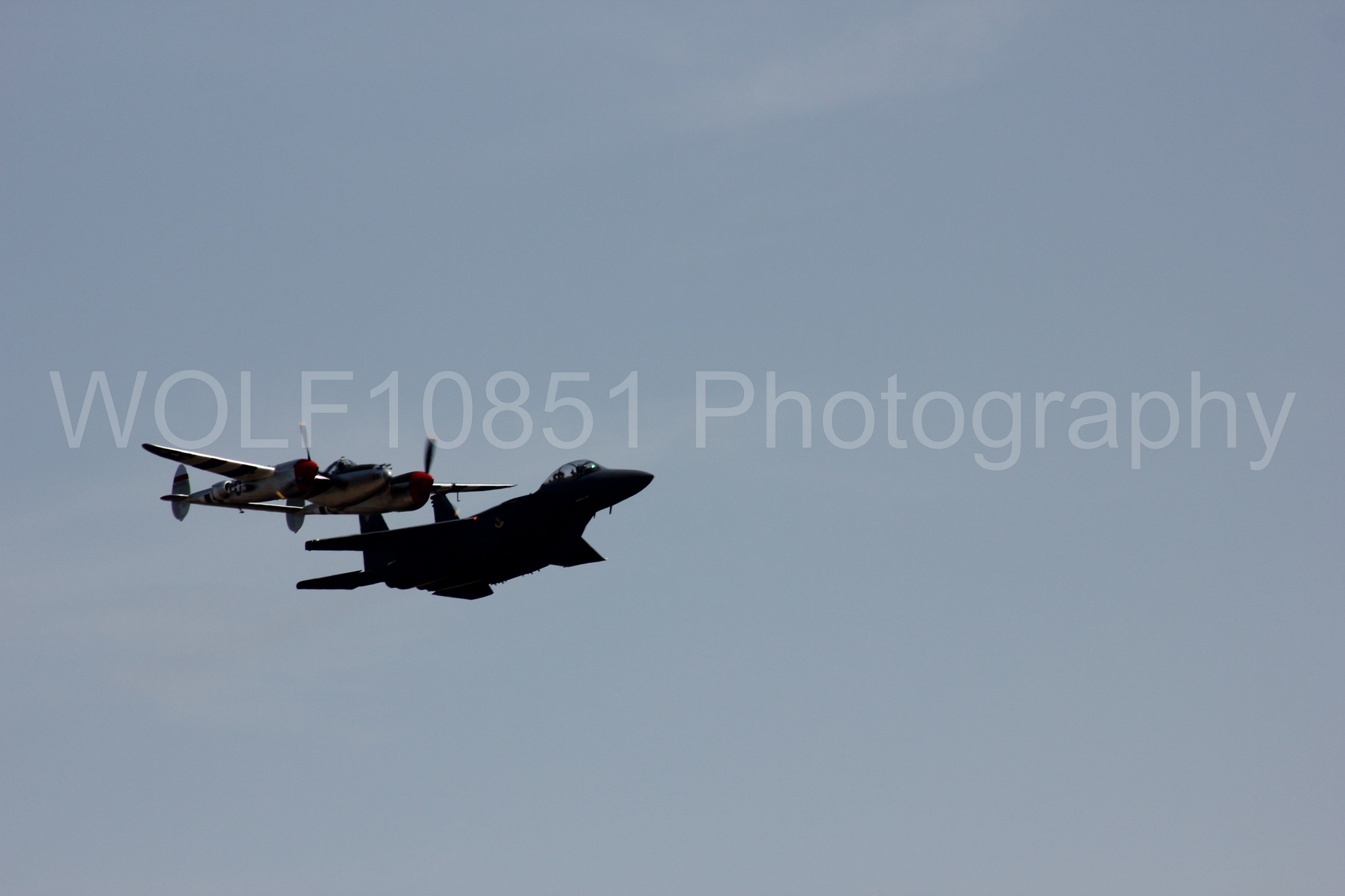 Aviation photography by WOLF10851 featuring Heritage Flight, F-15 Eagle, P-38 Lightning, Honey Bunny, California Capital Airshow 2011.