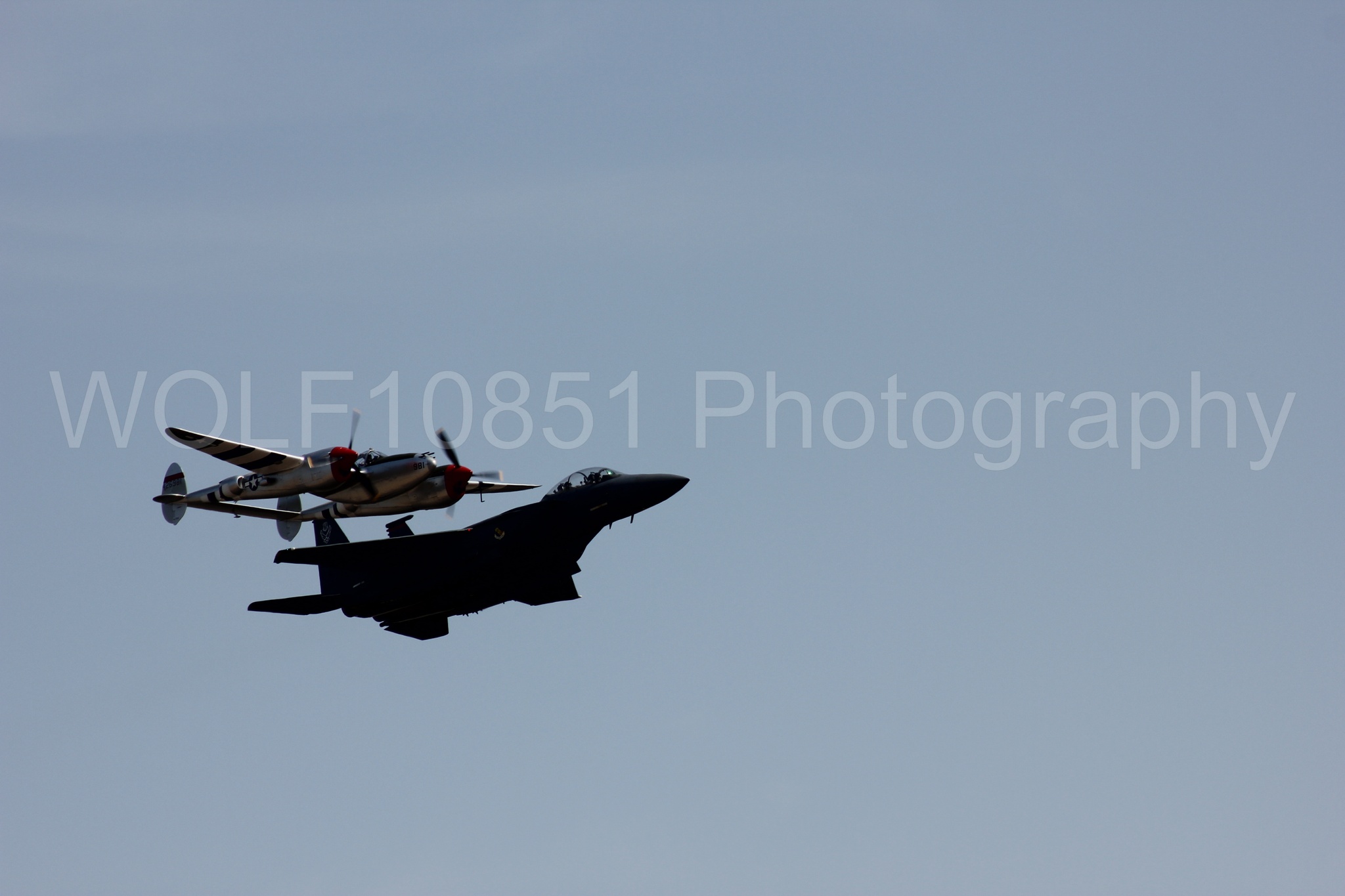 Aviation photography by WOLF10851 featuring Heritage Flight, F-15 Eagle, P-38 Lightning, Honey Bunny, California Capital Airshow 2011.