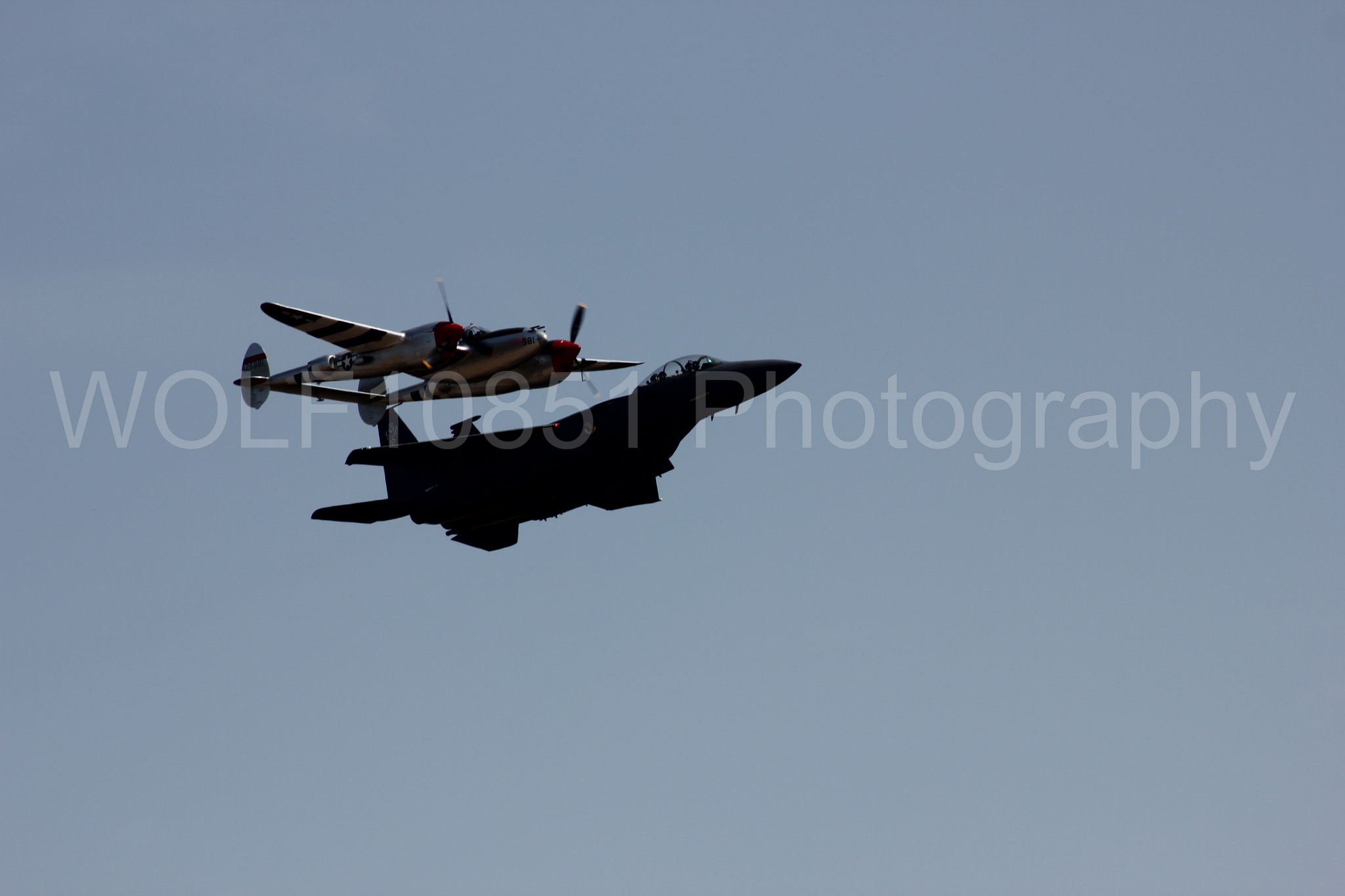 Aviation photography by WOLF10851 featuring Heritage Flight, F-15 Eagle, P-38 Lightning, Honey Bunny, California Capital Airshow 2011.