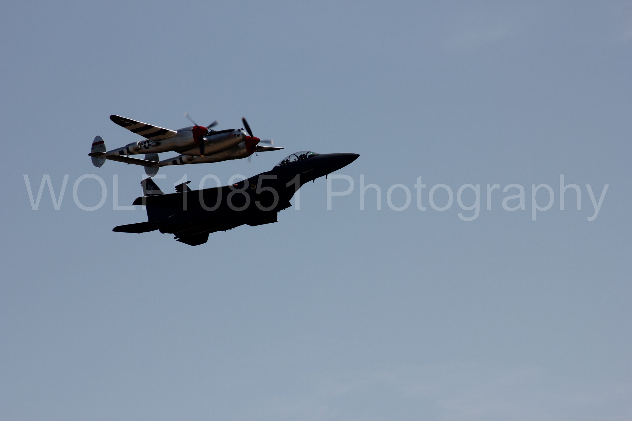 Aviation photography by WOLF10851 featuring Heritage Flight, F-15 Eagle, P-38 Lightning, Honey Bunny, California Capital Airshow 2011.