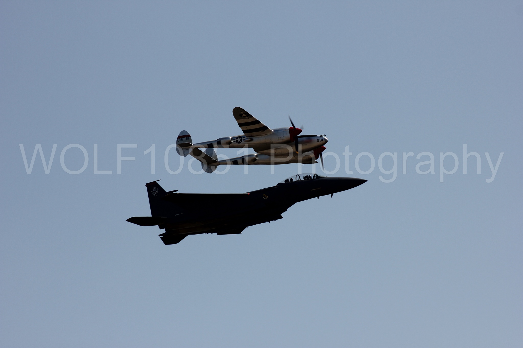 Aviation photography by WOLF10851 featuring Heritage Flight, F-15 Eagle, P-38 Lightning, Honey Bunny, California Capital Airshow 2011.