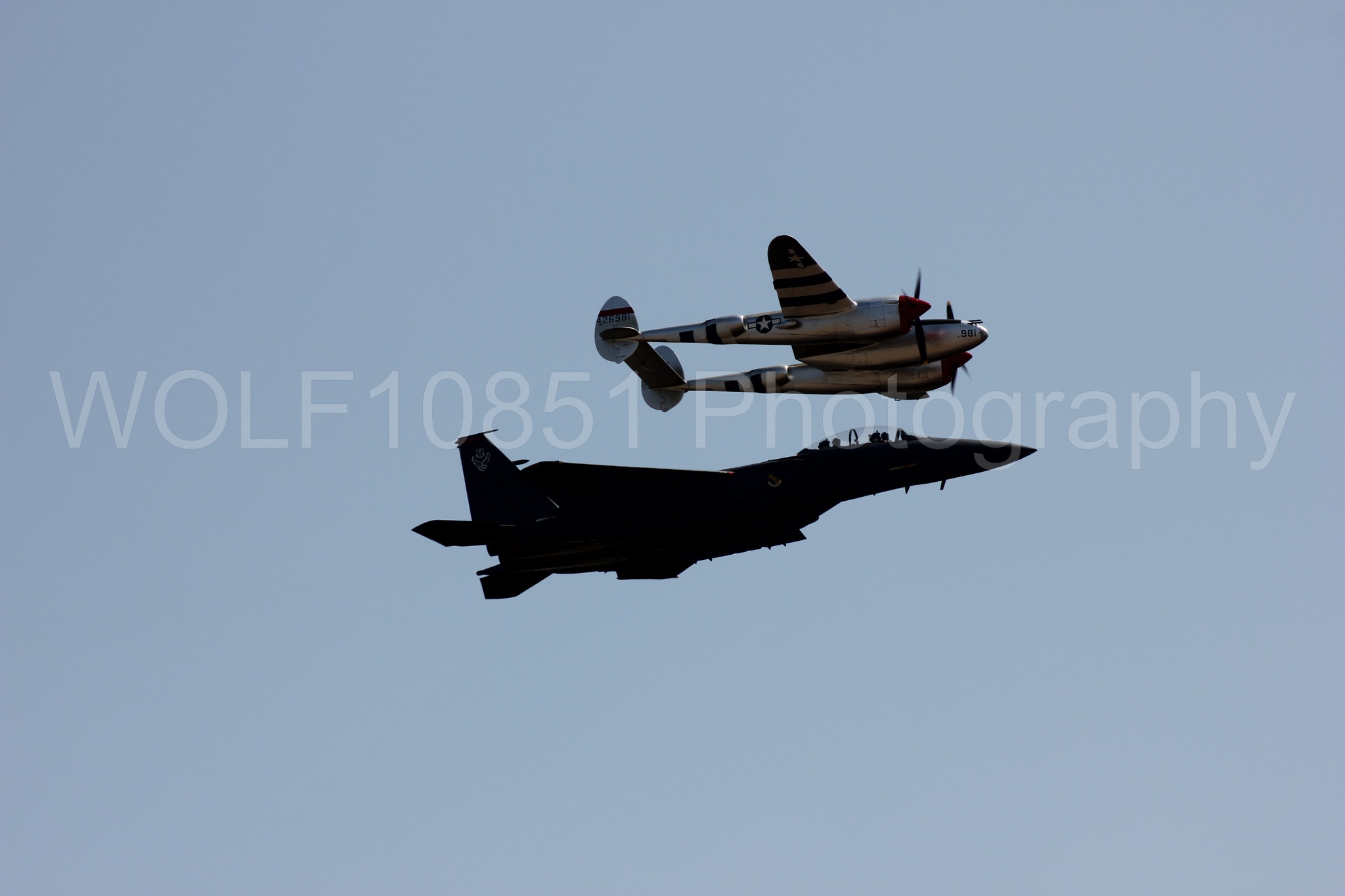 Aviation photography by WOLF10851 featuring Heritage Flight, F-15 Eagle, P-38 Lightning, Honey Bunny, California Capital Airshow 2011.