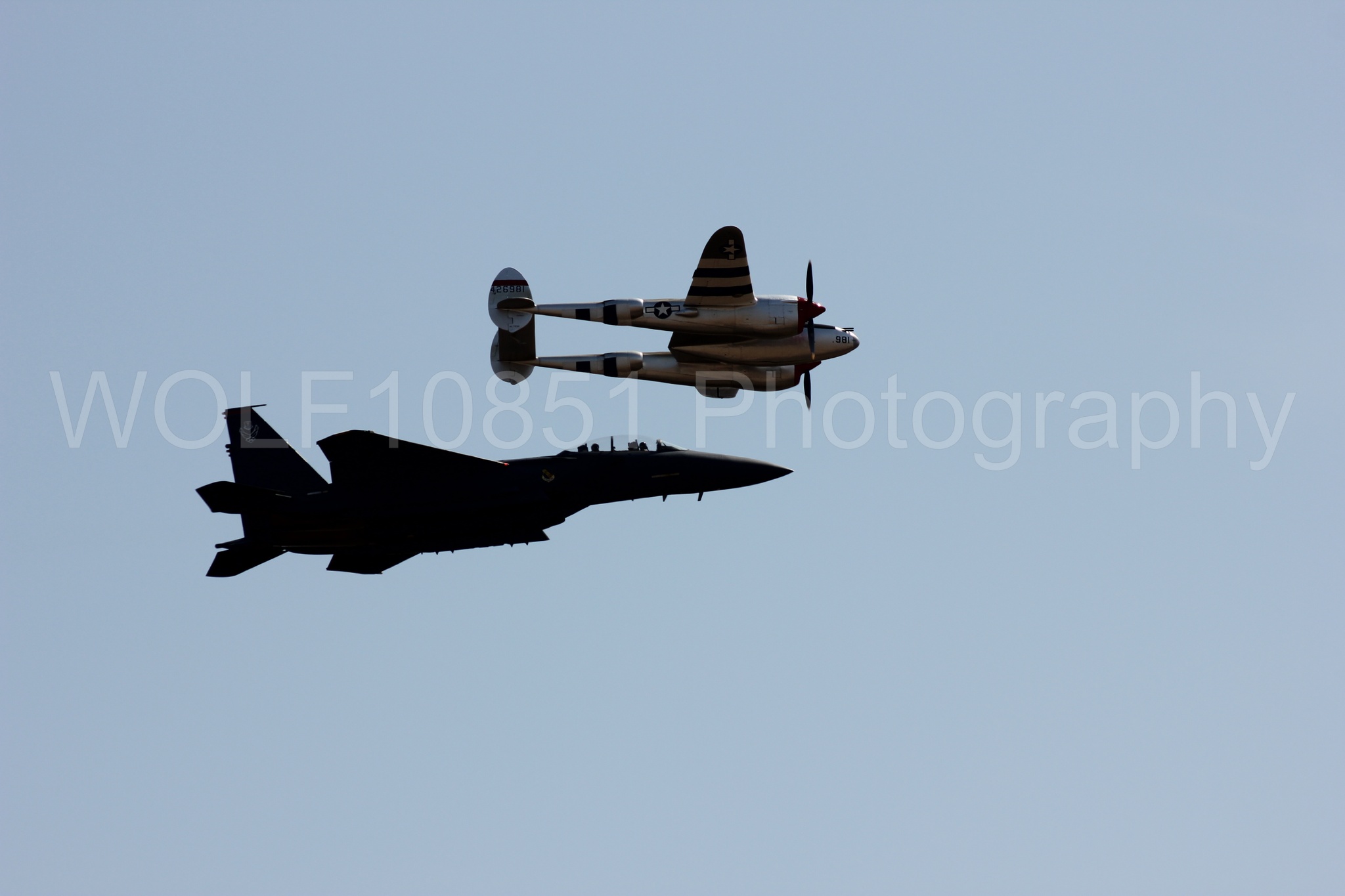 Aviation photography by WOLF10851 featuring Heritage Flight, F-15 Eagle, P-38 Lightning, Honey Bunny, California Capital Airshow 2011.