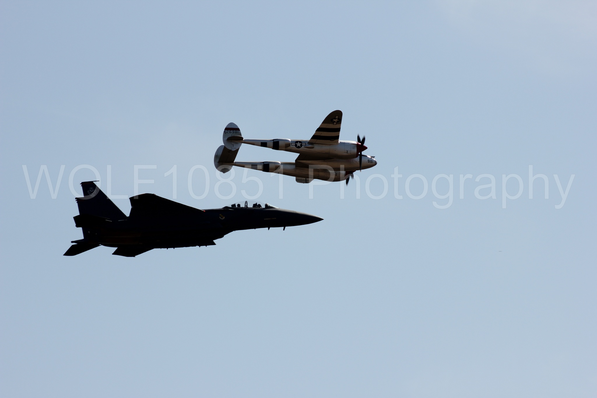 Aviation photography by WOLF10851 featuring Heritage Flight, F-15 Eagle, P-38 Lightning, Honey Bunny, California Capital Airshow 2011.
