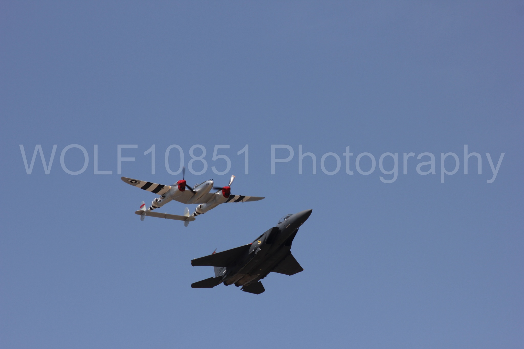 Aviation photography by WOLF10851 featuring Heritage Flight, F-15 Eagle, P-38 Lightning, Honey Bunny, California Capital Airshow 2011.