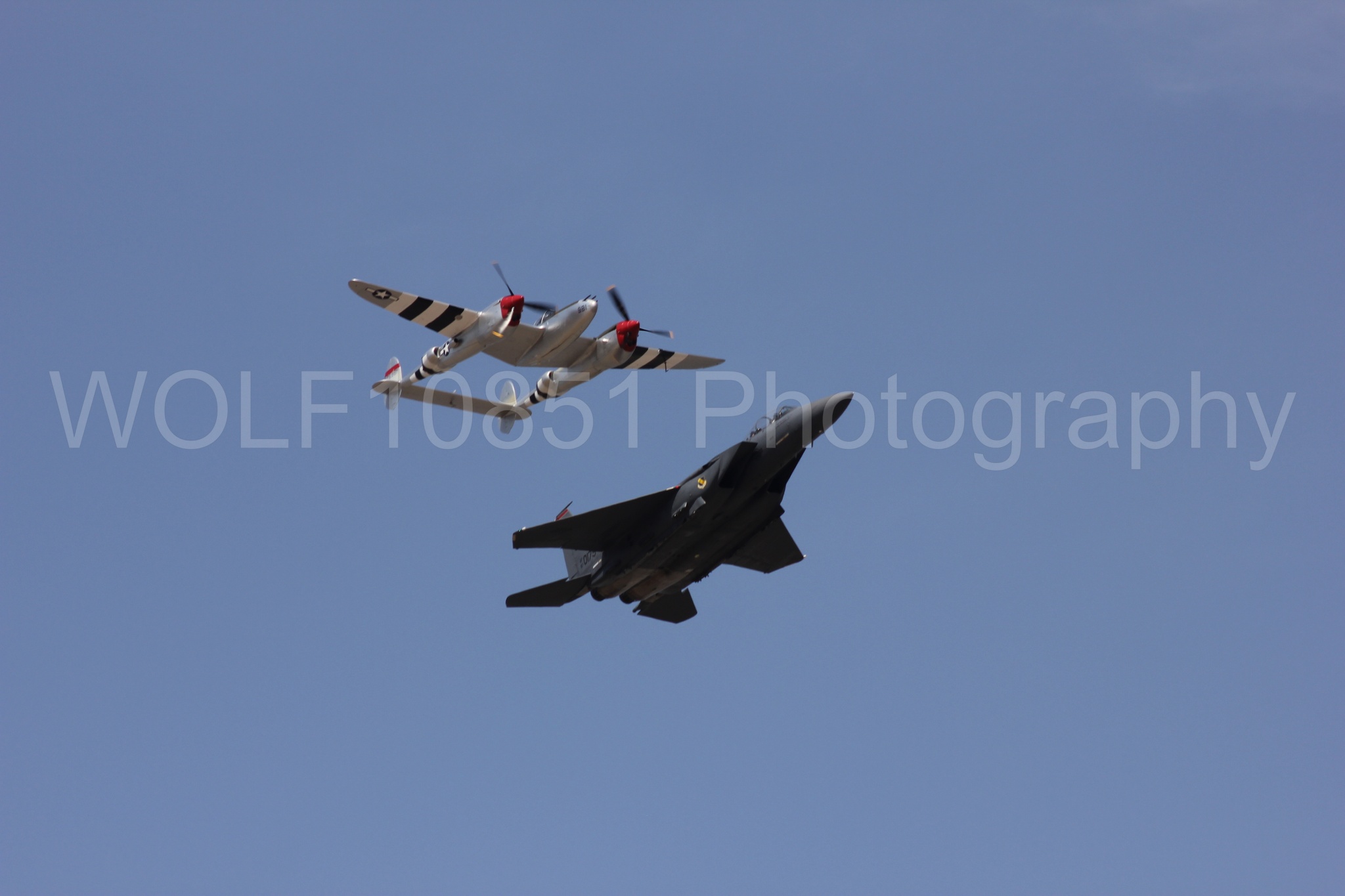 Aviation photography by WOLF10851 featuring Heritage Flight, F-15 Eagle, P-38 Lightning, Honey Bunny, California Capital Airshow 2011.