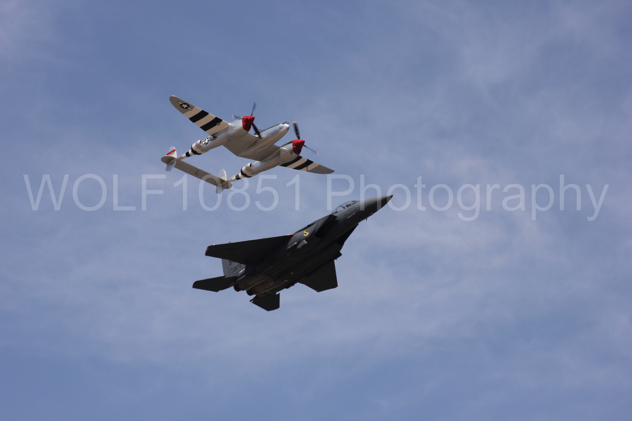 Aviation photography by WOLF10851 featuring Heritage Flight, F-15 Eagle, P-38 Lightning, Honey Bunny, California Capital Airshow 2011.