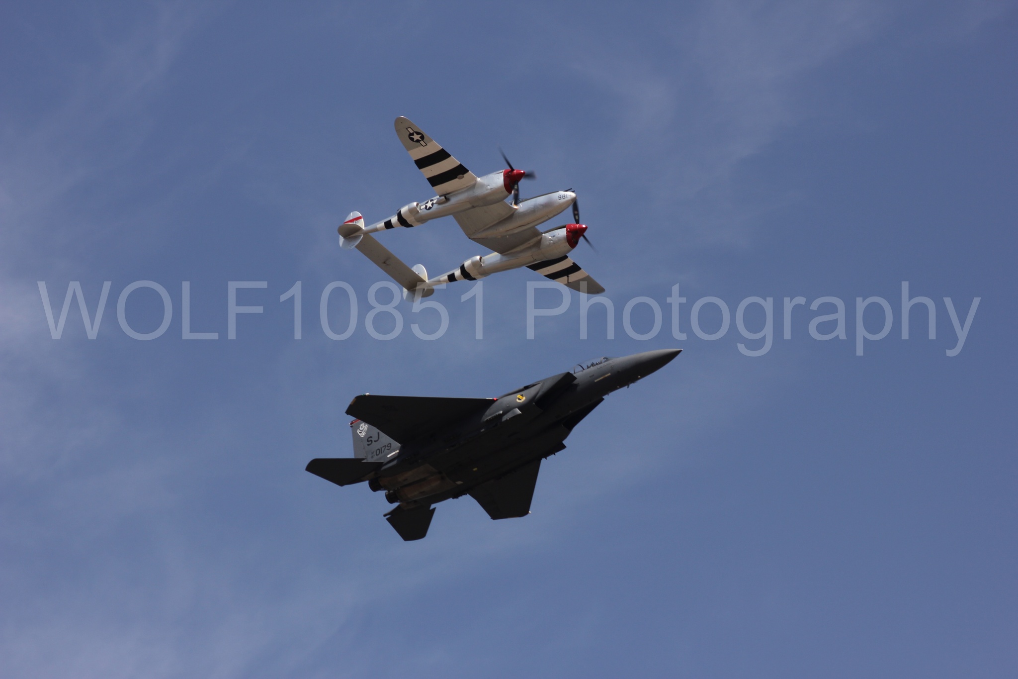 Aviation photography by WOLF10851 featuring Heritage Flight, F-15 Eagle, P-38 Lightning, Honey Bunny, California Capital Airshow 2011.