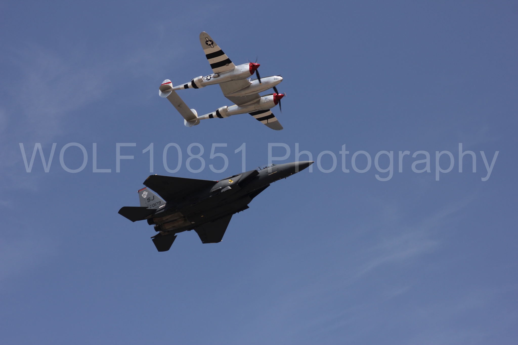 Aviation photography by WOLF10851 featuring Heritage Flight, F-15 Eagle, P-38 Lightning, Honey Bunny, California Capital Airshow 2011.