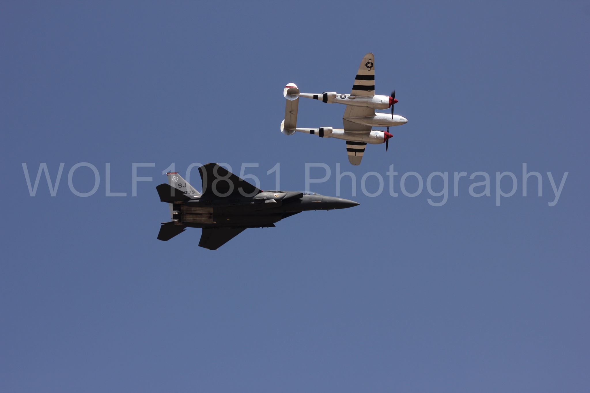 Aviation photography by WOLF10851 featuring Heritage Flight, F-15 Eagle, P-38 Lightning, Honey Bunny, California Capital Airshow 2011.