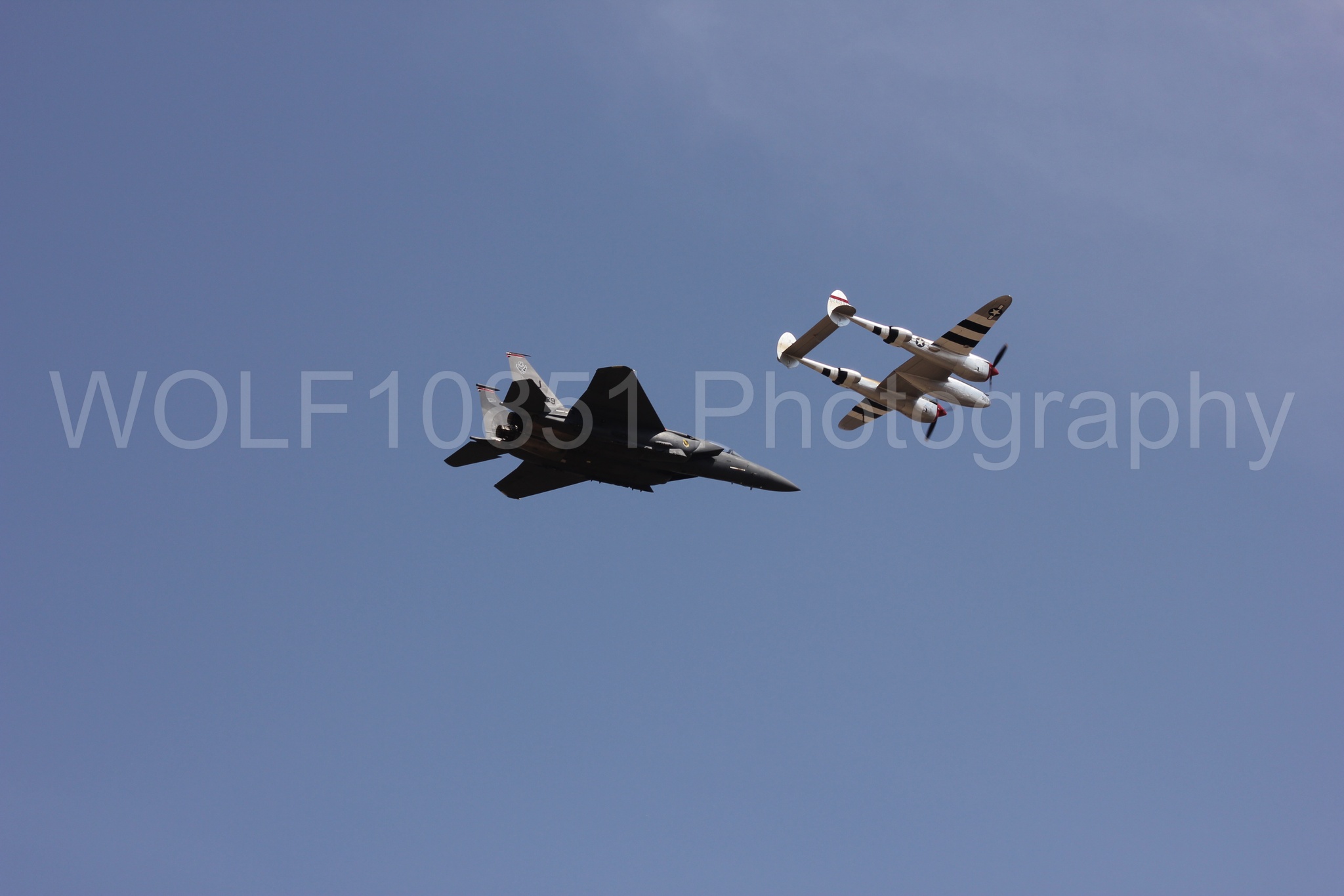 Aviation photography by WOLF10851 featuring Heritage Flight, F-15 Eagle, P-38 Lightning, Honey Bunny, California Capital Airshow 2011.