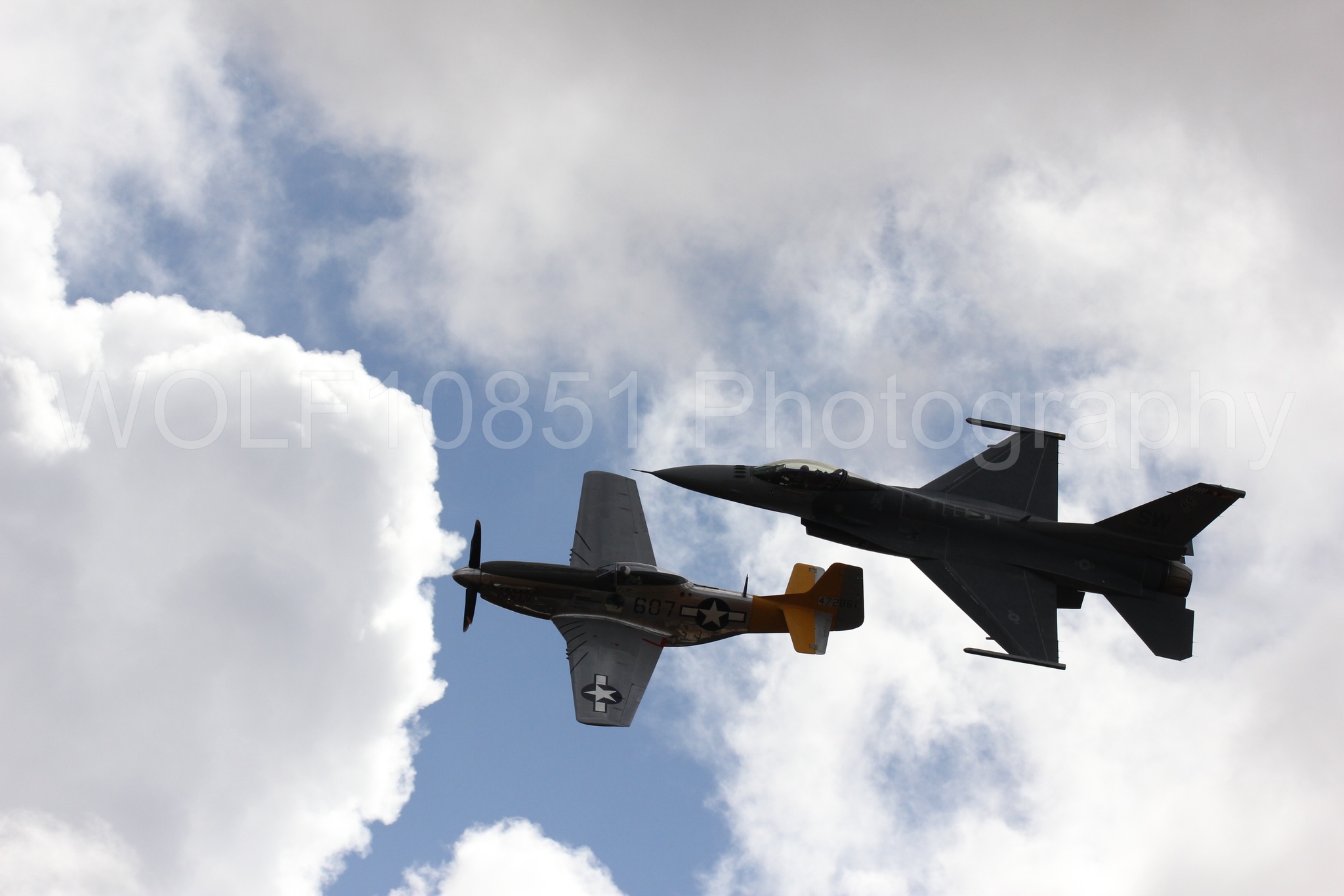 Aviation photography by WOLF10851 featuring Heritage Flight, F-16 Fighting Falcon, P-51 Mustang, California Capital Airshow 2016, Spam Can.