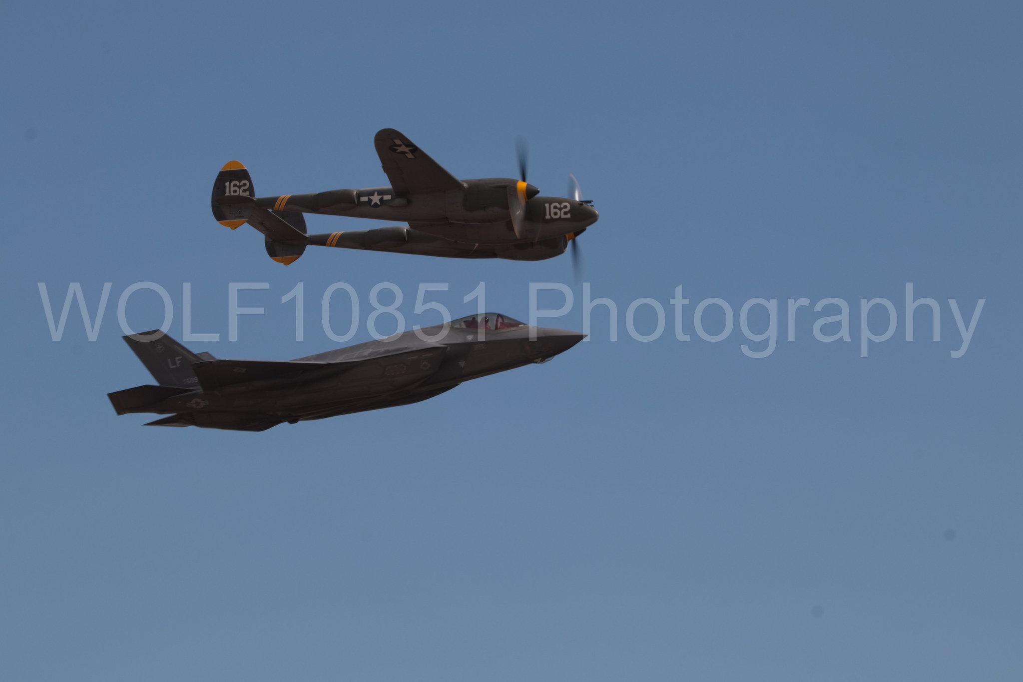 Aviation photography by WOLF10851 featuring F-35 Lightning 2, P-38 Lightning, 23 Skidoo, California Capital Airshow 2018.