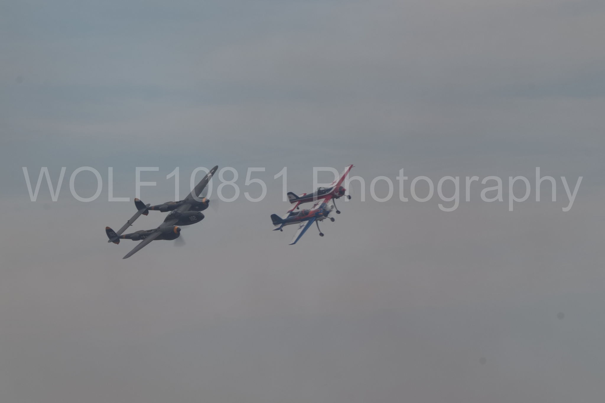 Aviation photography by WOLF10851 featuring P-38 Lightning, 23 Skidoo, California Capital Airshow 2018, Yak 110, YAK 55.
