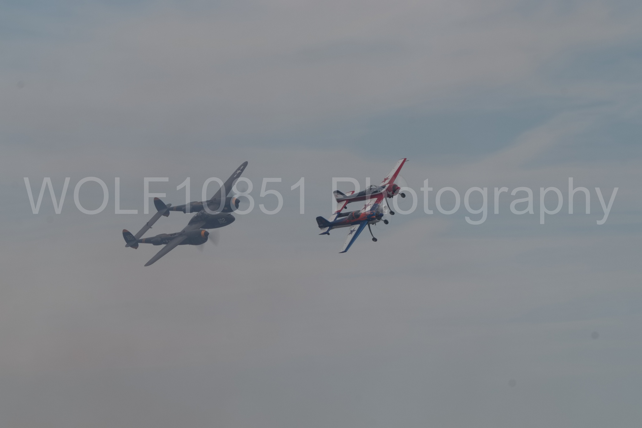 Aviation photography by WOLF10851 featuring P-38 Lightning, 23 Skidoo, California Capital Airshow 2018, Yak 110, YAK 55.