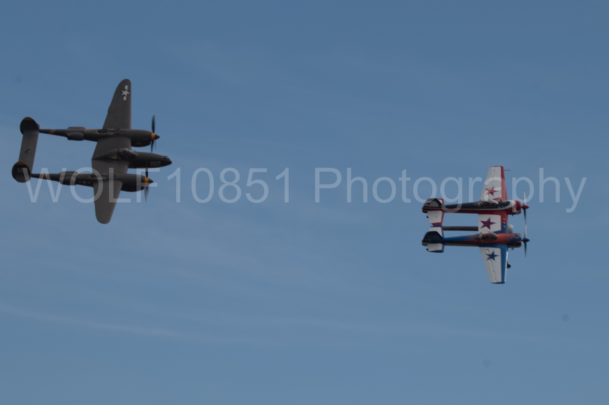 Aviation photography by WOLF10851 featuring P-38 Lightning, 23 Skidoo, California Capital Airshow 2018, Yak 110, YAK 55.