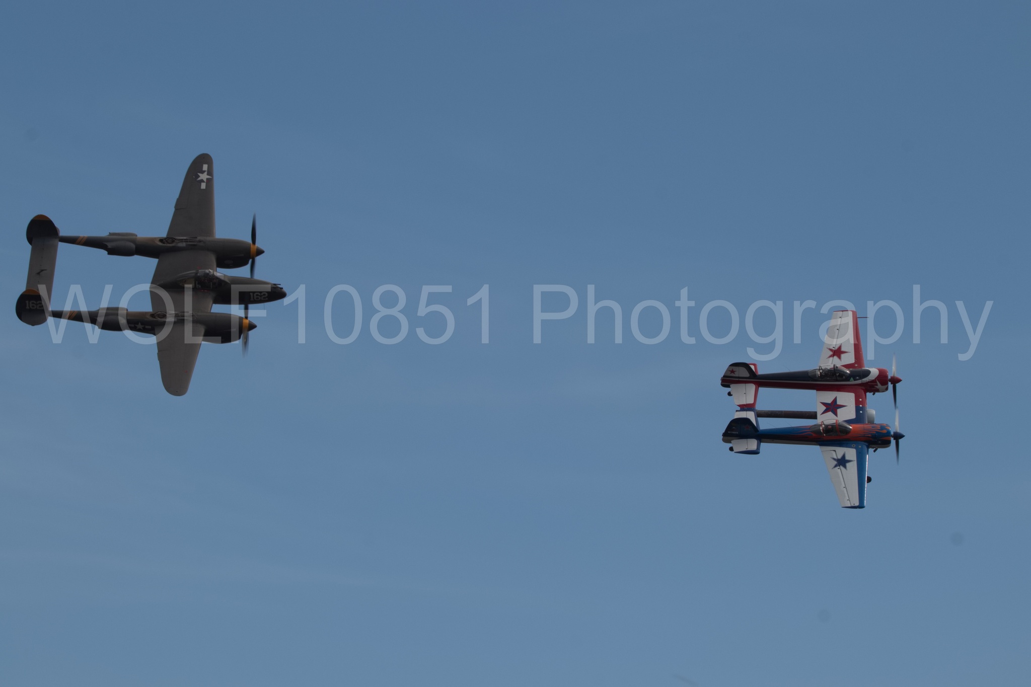 Aviation photography by WOLF10851 featuring P-38 Lightning, 23 Skidoo, California Capital Airshow 2018, Yak 110, YAK 55.