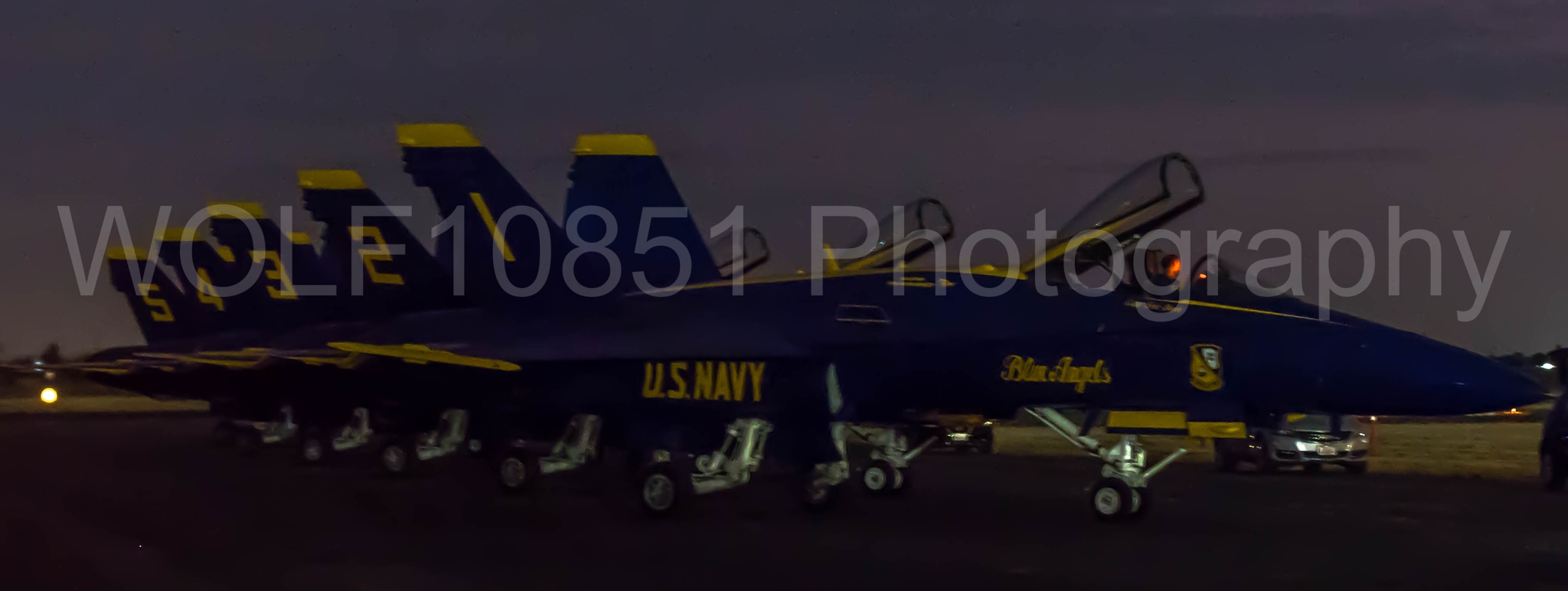 Aviation photography by WOLF10851 featuring Static Display, F-18 Hornet, Blue Angels, Blue and Gold, Golden Hour.