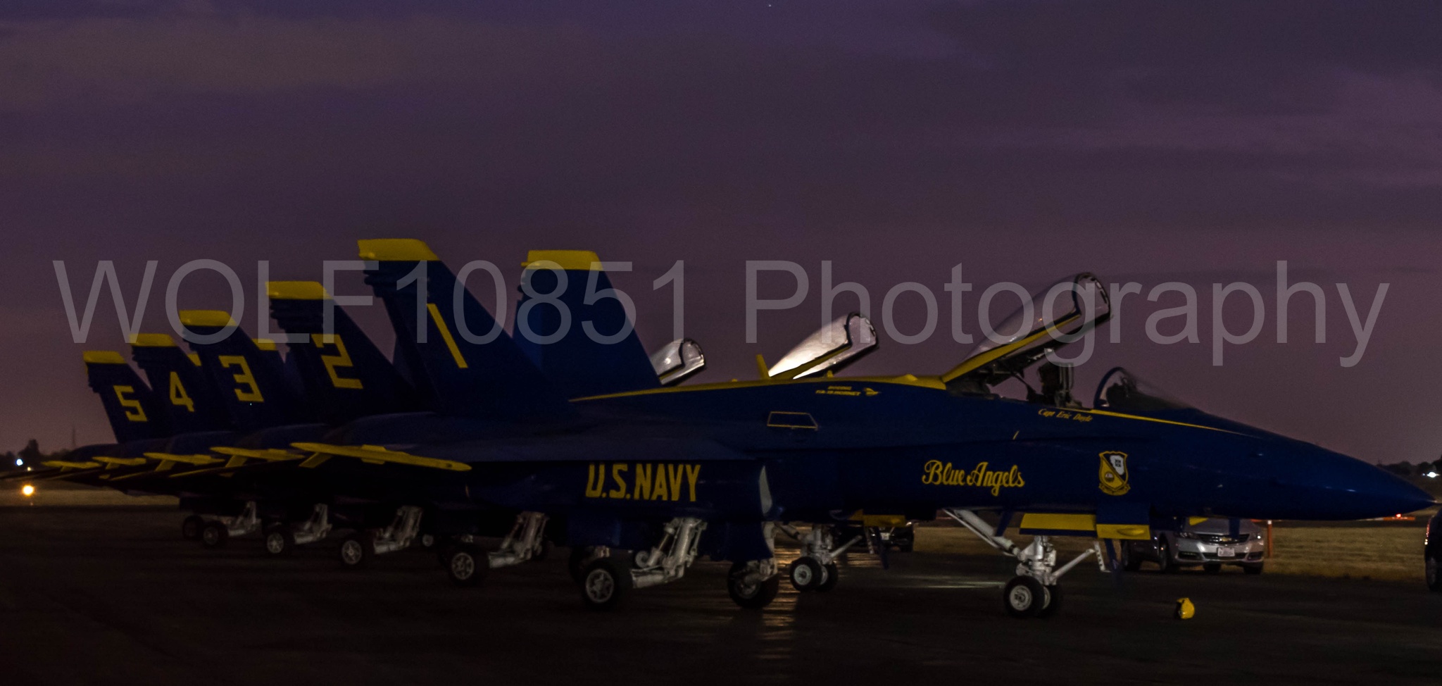 Aviation photography by WOLF10851 featuring Static Display, F-18 Hornet, Blue Angels, Blue and Gold, Golden Hour.