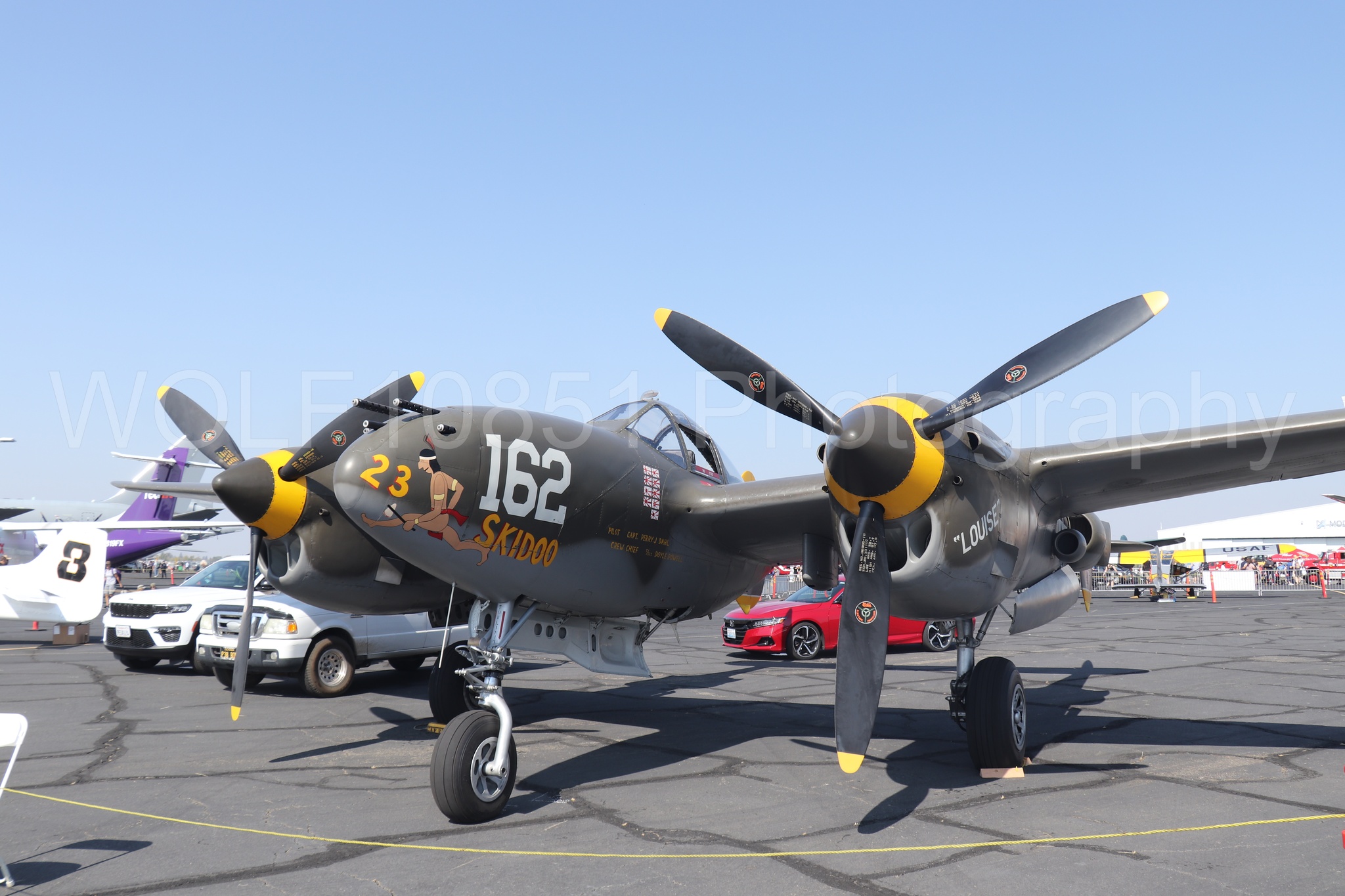 Aviation photography by WOLF10851 featuring Static Display, P-38 Lightning, 23 Skidoo, California Capital Airshow 2023.