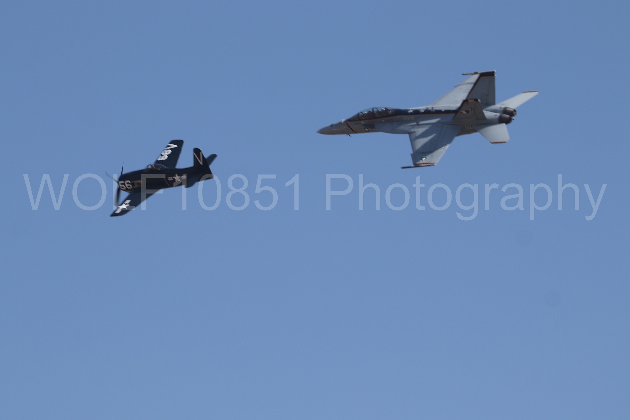 Aviation photography by WOLF10851 featuring FA-18 Super Hornet, f-8f Bearcat, Rhino Demo Team, California Capital Airshow 2023.