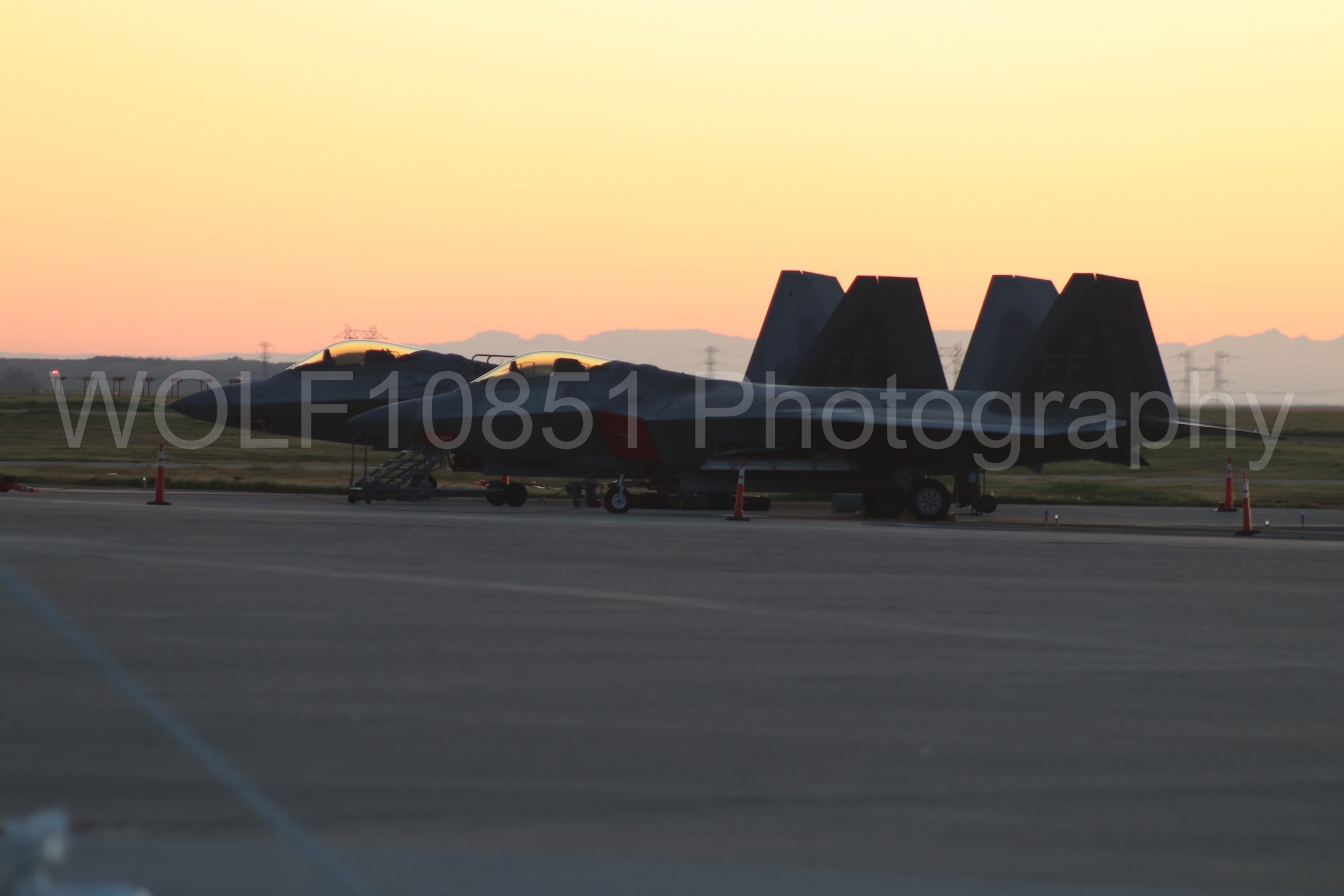 Aviation photography by WOLF10851 featuring Static Display, F-22 Raptor, Raptor Demo Team, Golden Hour, Wings Over Solano 2024.