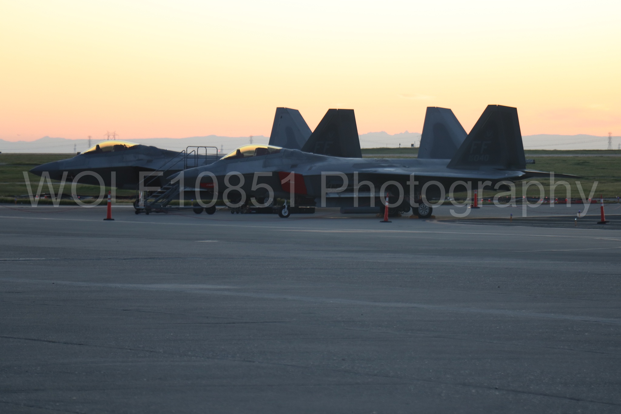 Aviation photography by WOLF10851 featuring Static Display, F-22 Raptor, Raptor Demo Team, Golden Hour, Wings Over Solano 2024.